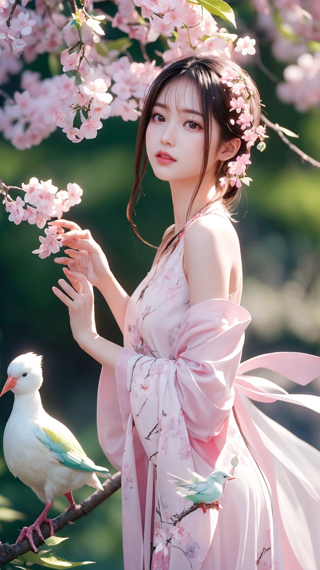 A white flowering tree with many small purple flowers hanging from its branches, and a cute and beautiful pink and white bird standing on thr flowers branch too, soft and dreamy depiction, fine brushwork, capturing the essence of the moment, Asian style pattern, colorful arrangement, naturalistic aesthetic