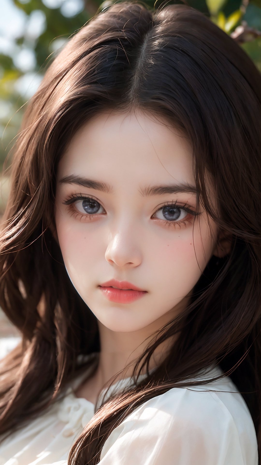 a girl in white with long hair, in the style of fairy academia, realistic scenes, light brown and light azure, eye-catching, light yellow and light red, lovely, brown eyes, realistic high quality portrait photography, fantasy00d