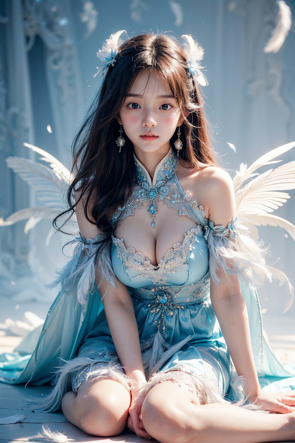 masterpiece, top quality, (arafed woman in a blue dress sitting on the floor that full of white feathers, ethereal beauty, wearing a feather dress, ethereal fantasy, xianxia fantasy, ethereal fairytale, dress made of feathers, blue feathers, incredibly ethereal, soft feather, fantasy beautiful, full body made of white feathers, jingna zhang, white feathers, chinese fantasy, a stunning young ethereal figure), extreme detailed, (abstract, fractal art:1.3), isometric, highest detailed, (feather), ghost.,1girl, most beautiful korean girl, Korean beauty model, stunningly beautiful girl, gorgeous girl, 18yo, over sized eyes, big eyes, smiling, looking at viewer,realhands,best quality