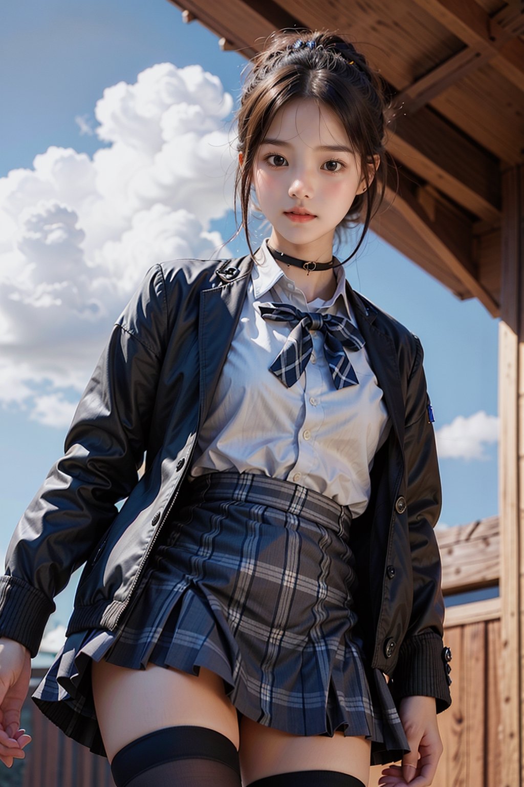 ((masterpiece,best quality, detailed)), ultra-detailed, detailed hair, hard rim lighting,((dramatic lighting)),sharp focus, blue sky, clouds, from below, cowboy shot, shiraki meiko, school uniform, hair bun, glasses, black thighhighs, plaid skirt, ribbon choker, brown jacket,colorful_girl_v2