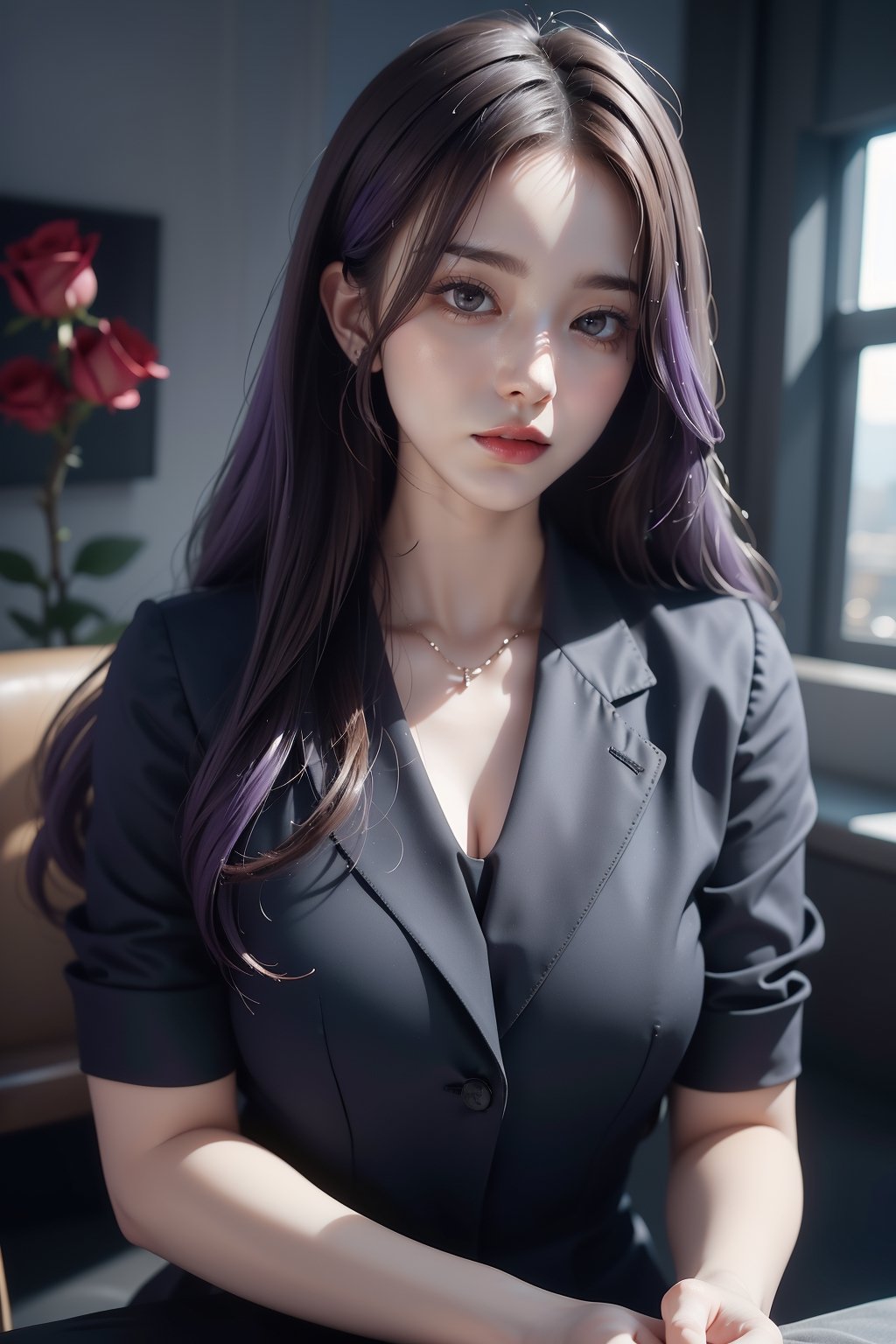 Girl (long hair, brown hair with purple ends), wearing black office suit, roses, dahl background, exposure mix, medium shot, bokeh, (hdr: 1.4), high contrast, (film, gray and black: 0.35), ( Gray tones, dark colors, soothing tones: 1.3), low saturation
,Realism,Portrait,masterpiece