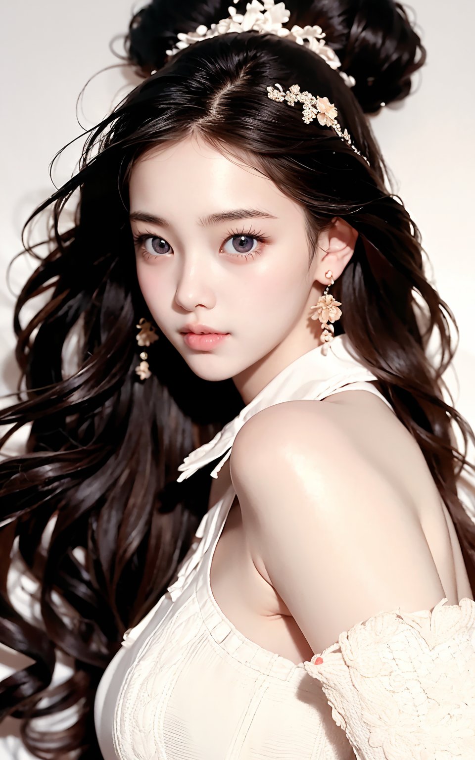 Masterpiece, best quality, official art, highly realistic, (masterpiece), (best quality), (1girl, most beautiful korean girl, Korean beauty model, stunningly beautiful girl, gorgeous girl, 20yo, over sized eyes, big eyes, smiling, looking at viewer), black big eyes, bangs, (powder blusher), shoulder length hair, yellow hair, flower hair clips, (blue sweater, shirt collar), small chest, pink shoulder bag, Upper body close-up with white background,Daofa Rune,Fashion Style, 