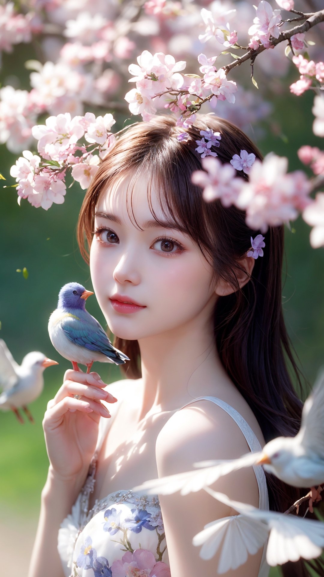 A white flowering tree with many small purple flowers hanging from its branches, and a cute and beautiful pink and white bird standing on thr flowers branch too, soft and dreamy depiction, fine brushwork, capturing the essence of the moment, Asian style pattern, colorful arrangement, naturalistic aesthetic,Realism