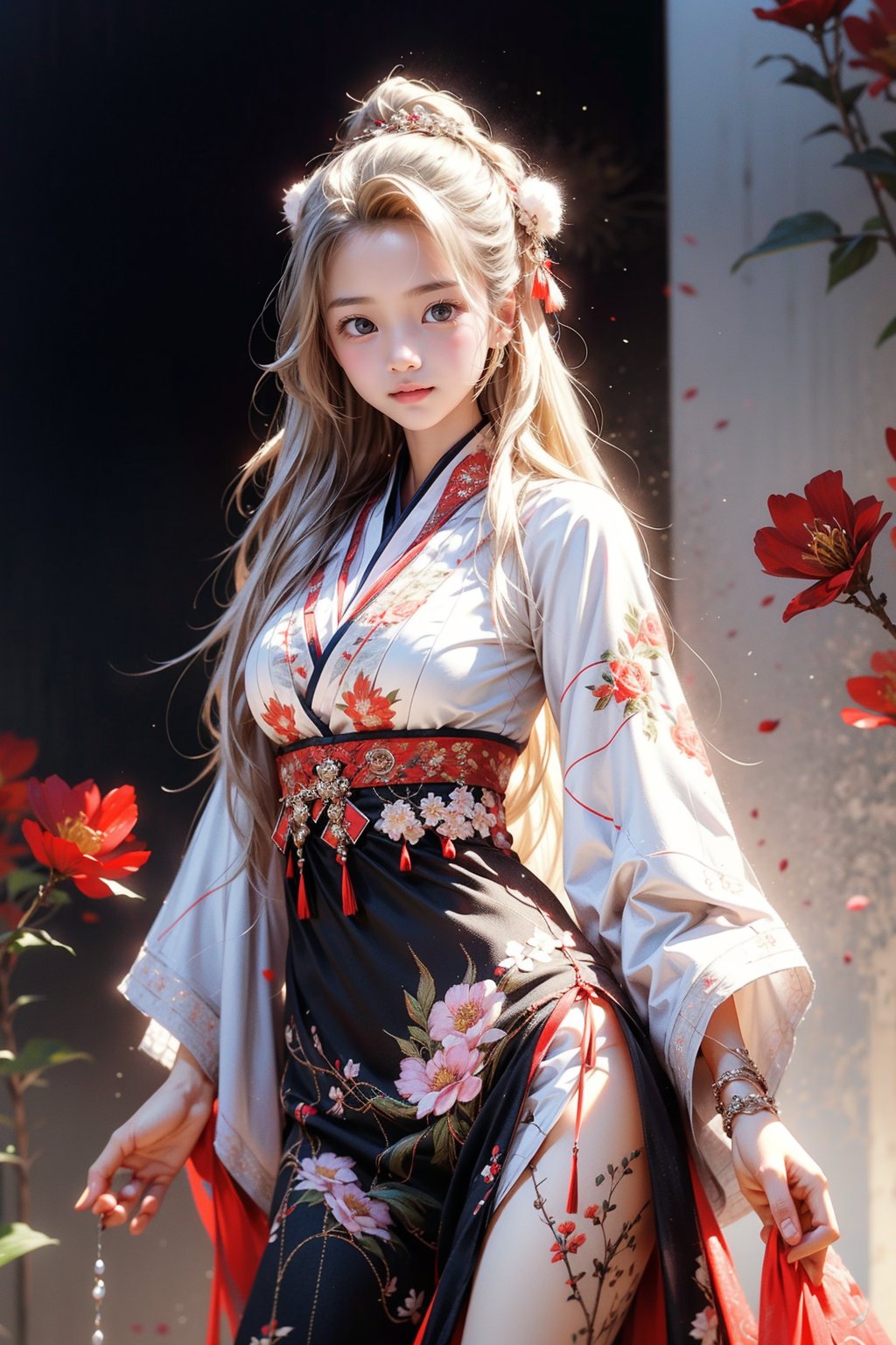 1 girl, most beautiful korean girl, Korean beauty model, idol face, gorgeous girl, 18yo, over sized eyes, big eyes, smiling, looking at viewer, ((Cowboy Shot: 1.5)), Full body, Best picture quality, high resolution, 16k, realistic, sharp focus, extreme picture quality, detailed face + eyes, casual pose, elegant, casual facial expression, realistic image of an elegant lady, no hair accessories, dark eyes , fractal art, bright colors, Korean beauty supermodel, pure white hair mixed with colorful hair tails, wearing Hanfu, wearing high-heeled sandals, radiant, perfectly customized gorgeous floral embroidery pattern suit, custom design, tense , looking at the audience, floral print, CLOUD