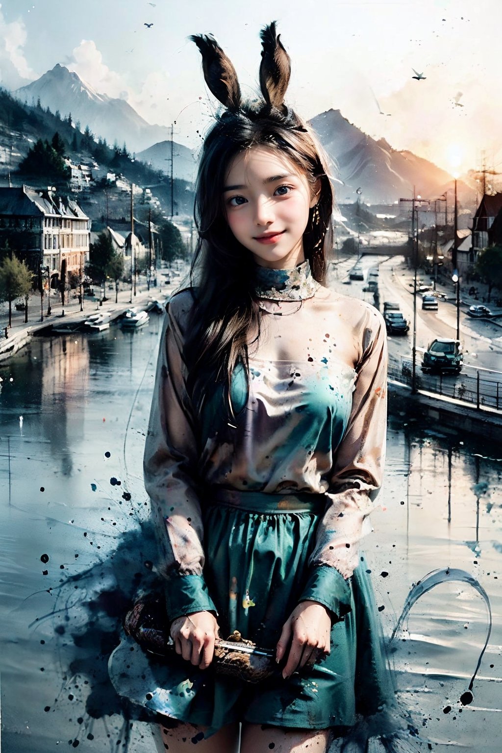 solo, ((Cowboy Shot: 1.5)), 1 girl, beautiful korean girl, looking at viewer, 18 yo, over sized eyes, big eyes, smiling, girl caressing a rabbit, dressed as a witch near a river, crouching caressing the rabbit, pastel colors, purple colors, blue colors, green colors, shading, gray scale, hand drawn,Chromaspots,ink splash