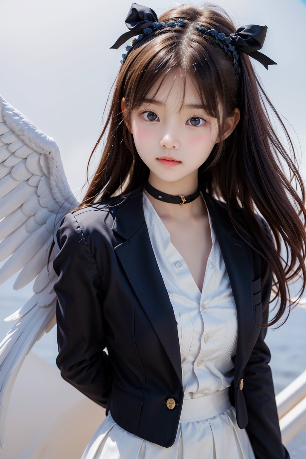 (masterpiece), wide shot, full body:1.1, ringed eyes, 1girl, big eyes, beautiful korean girl, angel, white hair, long curly hair, two side up,blue eyes, two blue ribbons on her hair, (Double golden halo on her head), choker, (angel wings), solo, negative space, (simple white background, standing), cinematic angle, side angle, from above:1, a girl in a school uniform, cute, black pleated skirt, black blazer, blue bow in hair, ahoge, simple, facing viewer, manga illustration style, hand on hip, bangs, staring blankly at the camera, half-closed eyes, detailed blue eyes