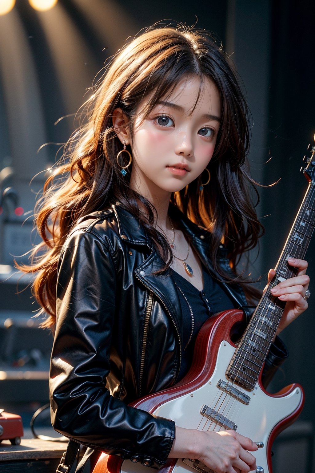 background is music stage,rock band,spot lights, 18 yo, 1 girl, beautiful korean girl, big eyes, stanging on stage, holding an electric guitar, wearing black bike jacket, happy smile,solo, {beautiful and detailed eyes}, dark eyes, calm expression, delicate facial features, ((model pose)), Glamor body type, (dark hair:1.2),very long hair,curly hair,hair_past_waist, simple tiny necklace,simple tiny earrings, flim grain, realhands, masterpiece, Best Quality, 16k, photorealistic, ultra-detailed, finely detailed, high resolution, perfect dynamic composition, beautiful detailed eyes, eye smile, ((nervous and embarrassed)), sharp-focus, full_body, cowboy_shot,colorful_girl_v2, looking at viewer