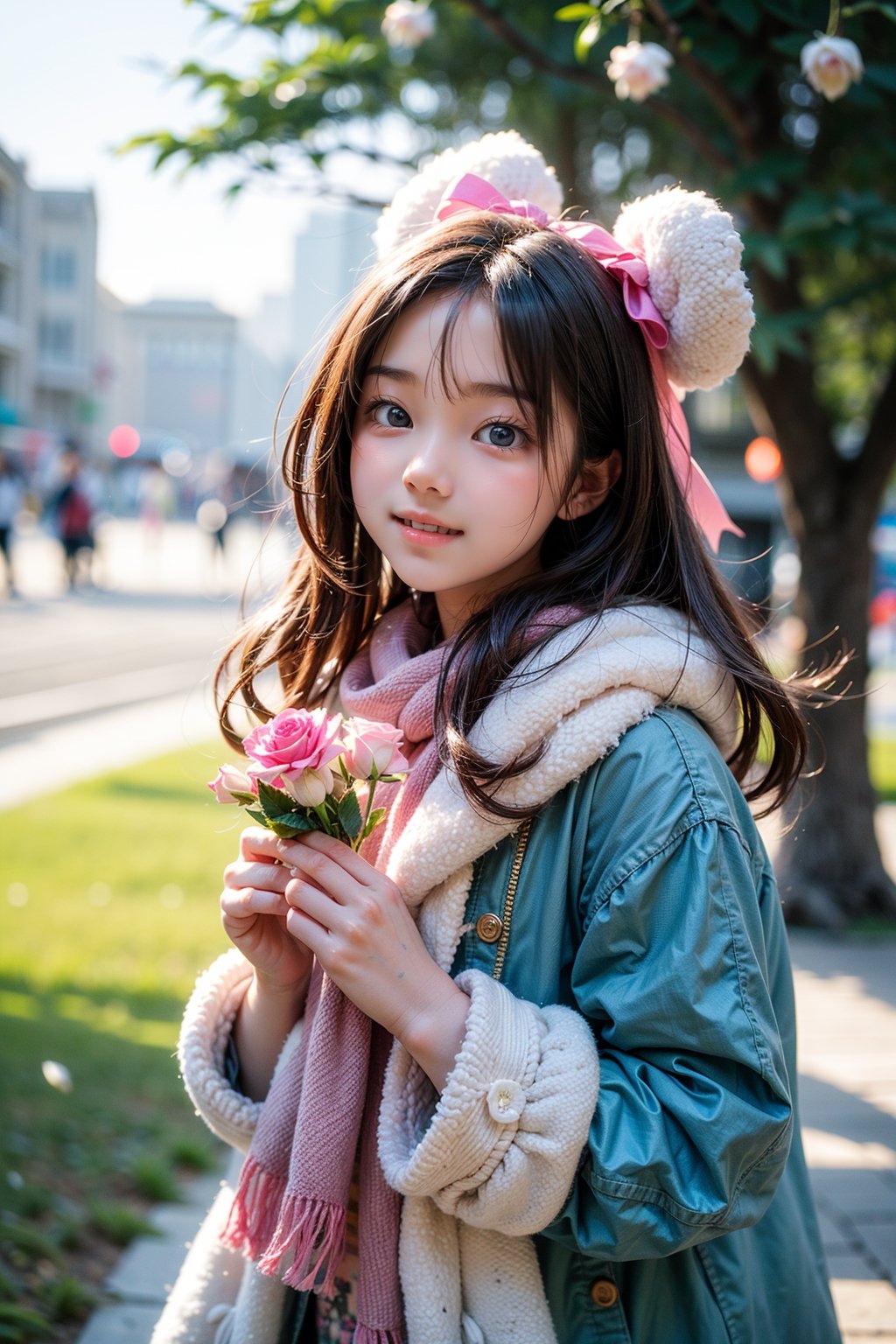 Winter style, snow falling, plum flowers blooming, big eyes, beautiful korean girl, A cute little girl wears pink and white fluffy coat and scarf, with a pink bow tied on her head. She smiled brightly and her eyes twinkled with kindness. She held a pink rose in her hand and smelled the fragrance. Under her feet is a lush green flower and grass, as if she is a part of nature. Her laughter in the breeze adds a touch of childlike innocence to this beautiful scene. Please give her some more background or context so we can add more details ,perfect split lighting,ZGirl,Nature, flowers blooming fantastic and dreamy light romantic lighting bokeh background ,snow_scene_background,1 girl