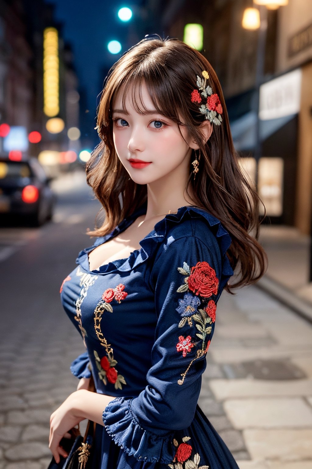 masterpiece, highest quality, 8k high quality photo, cinematic lighting, deep shadow, (a top model of 18yo european girl),  gorgeous face, fearless smile, smooth soft parl skin, light-blown medium wavy hair, large breasts, looking into camera, (standing on european street),  model posing, front view,((cowboy shot)),                                                                               
thin gold neckrace, (navy-blue and red floral embroidery ruffle trim many-frills dress:1.2),  at late night,                                       
