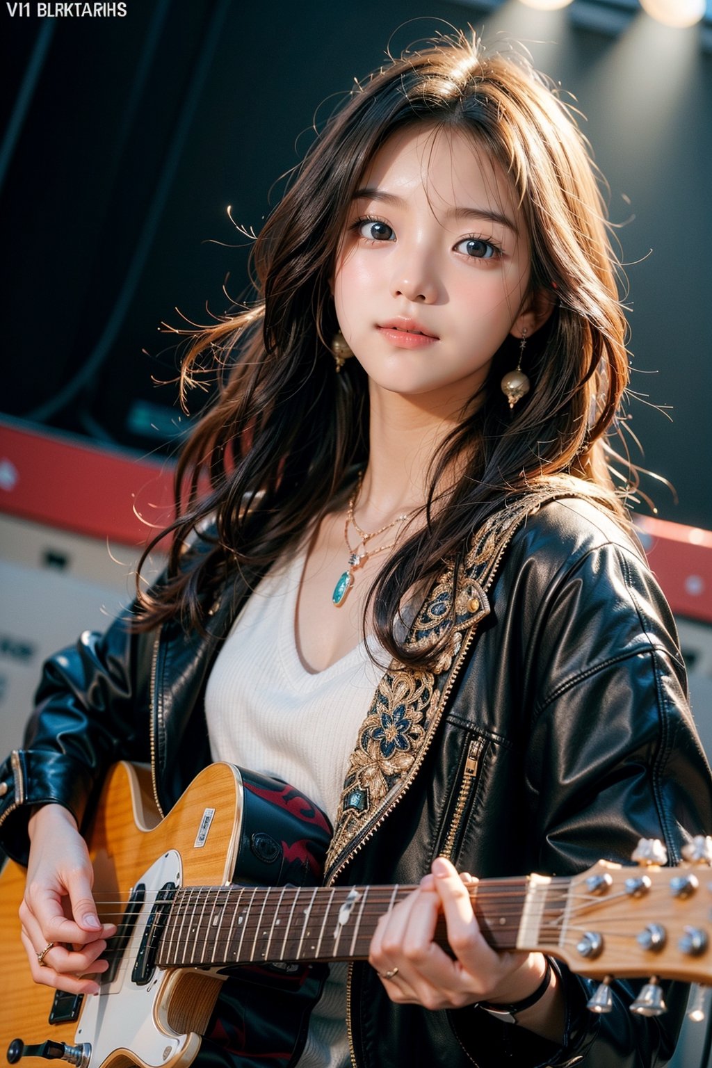 background is music stage,rock band,spot lights, 18 yo, 1 girl, beautiful korean girl, big eyes, stanging on stage, holding an electric guitar, wearing black bike jacket, happy smile,solo, {beautiful and detailed eyes}, dark eyes, calm expression, delicate facial features, ((model pose)), Glamor body type, (dark hair:1.2),very long hair,curly hair,hair_past_waist, simple tiny necklace,simple tiny earrings, flim grain, realhands, masterpiece, Best Quality, 16k, photorealistic, ultra-detailed, finely detailed, high resolution, perfect dynamic composition, beautiful detailed eyes, eye smile, ((nervous and embarrassed)), sharp-focus, full_body, cowboy_shot,colorful_girl_v2, looking at viewer,masterpiece,best quality