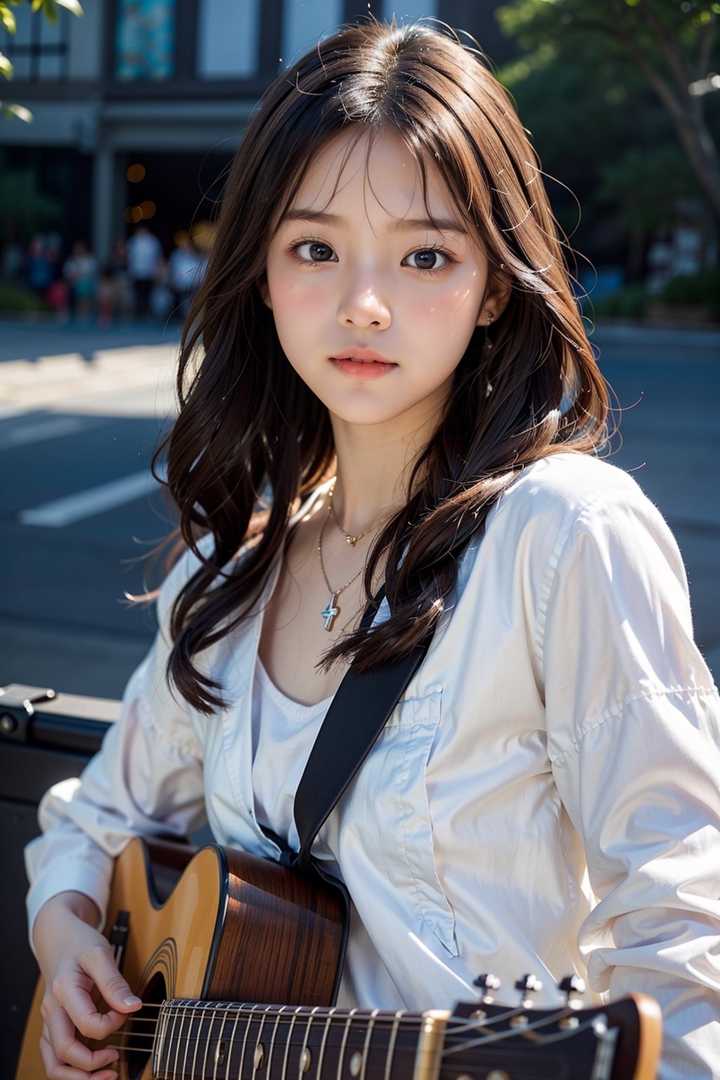 background is music stage,rock band,spot lights, 18 yo, 1 girl, beautiful korean girl, big eyes, stanging on stage, holding an electric guitar, wearing black bike jacket, happy smile,solo, {beautiful and detailed eyes}, dark eyes, calm expression, delicate facial features, ((model pose)), Glamor body type, (dark hair:1.2),very long hair,curly hair,hair_past_waist, simple tiny necklace,simple tiny earrings, flim grain, realhands, masterpiece, Best Quality, 16k, photorealistic, ultra-detailed, finely detailed, high resolution, perfect dynamic composition, beautiful detailed eyes, eye smile, ((nervous and embarrassed)), sharp-focus, full_body, cowboy_shot,colorful_girl_v2