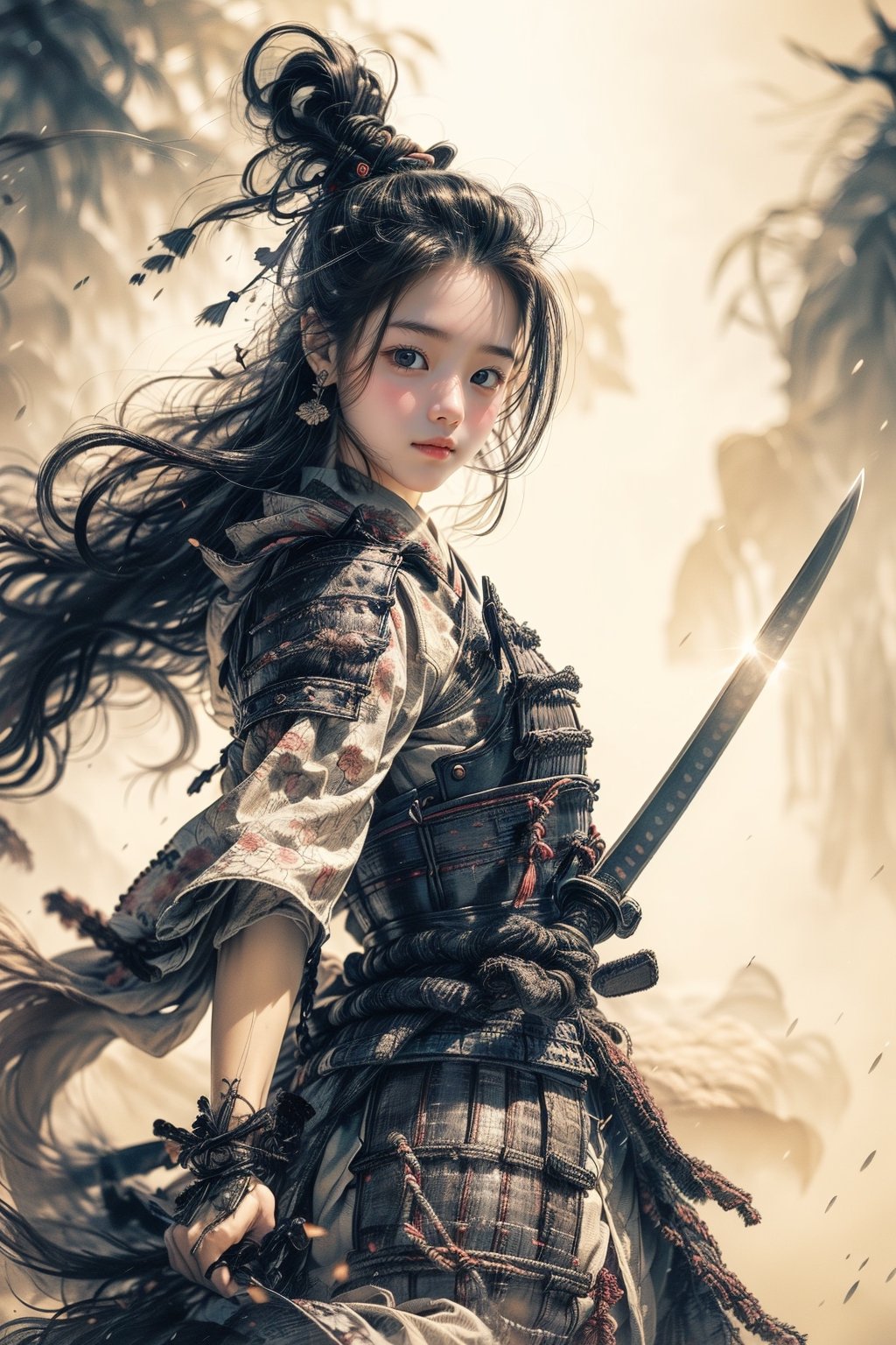 1girl, Sweet, full body, large breasts, The background is rainy day, bright autumn, battlefield fires and buning embers rizeing, most beautiful korean girl, looking at viewer, 18yo, over sized eyes, big eyes, Female Samurai, Holding a Japanese Sword, shining bracelet, beautiful hanfu(white, transparent), cape, solo, {beautiful and detailed eyes}, calm expression, natural and soft light, delicate facial features,very small earrings, ((model pose)), Glamor body type, (neon hair:1.2), long ponytail, very_long_hair, hair past hip, curly hair, flim grain, realhands, masterpiece, Best Quality, photorealistic, ultra-detailed, finely detailed, high resolution, perfect dynamic composition, beautiful detailed eyes, eye smile, ((nervous and embarrassed)), sharp-focus, full_body, sexy pose, Samurai girl, glowing forehead, lighting, Japanese Samurai Sword (Katana),best quality,chinkstyle