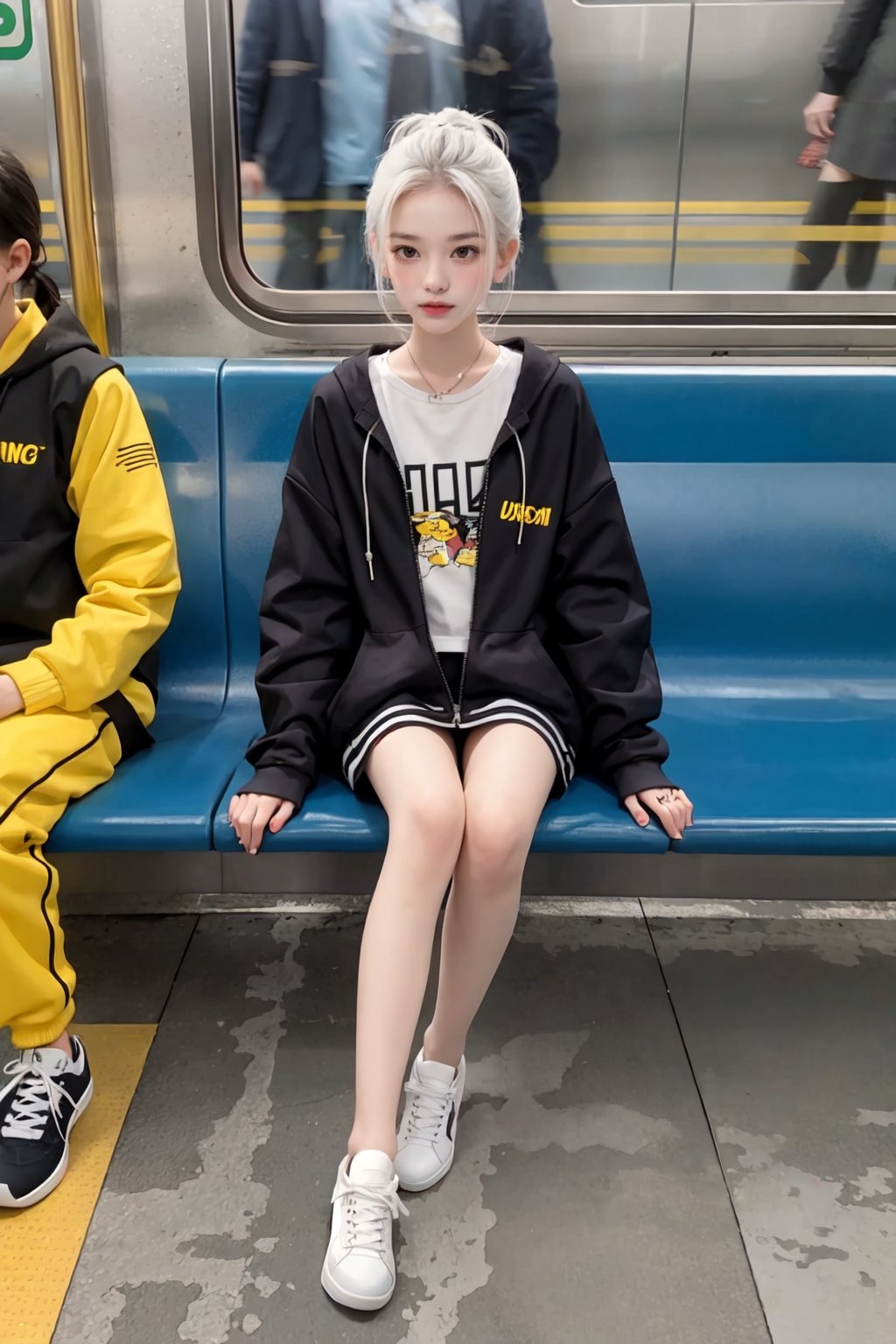 yellow_jacket, 1girl,  oversized_clothes , white_hair , sneakers , sitting inside a subway,Realism