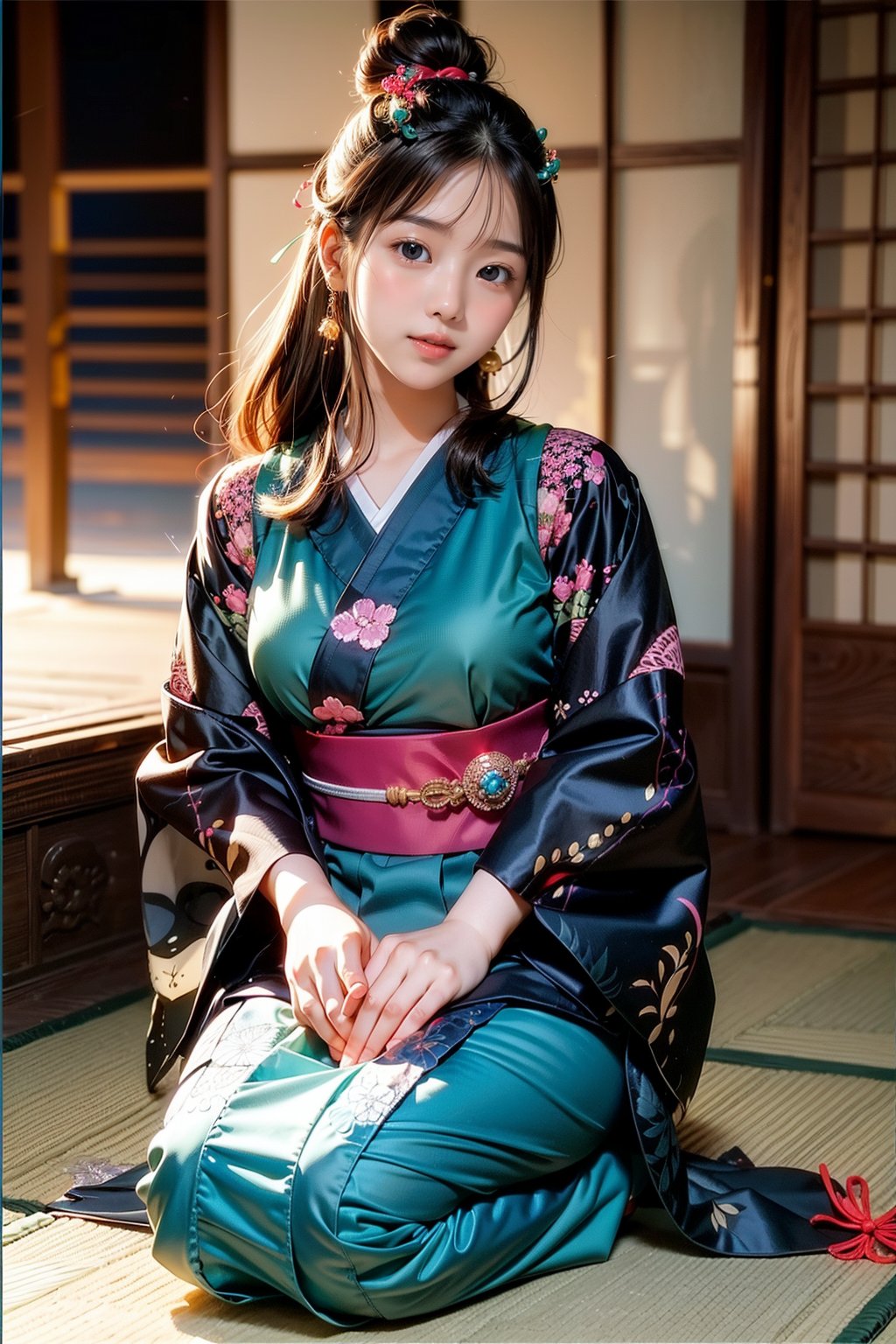 1girl, most beautiful korean girl, Korean beauty model, stunningly beautiful girl, gorgeous girl, 20yo, over sized eyes, big eyes, smiling, looking at viewer
, solo,Aoyagi (Level D),
black hair, long hair,hair bun,
Green Eyes,
medium_breasts, 
kunoichi,
geisha,OIRAN,
hairpin,hair beads,
make up,
Edo(Japanese period),
kimono,indoor,
scenery,night,
knee sitting,seiza,
hands on knees,
smile, blush,
Masterpiece, 4K, ultra detailed, anime style, 
more detail XL, SFW, 
depth of field,
Ink art,