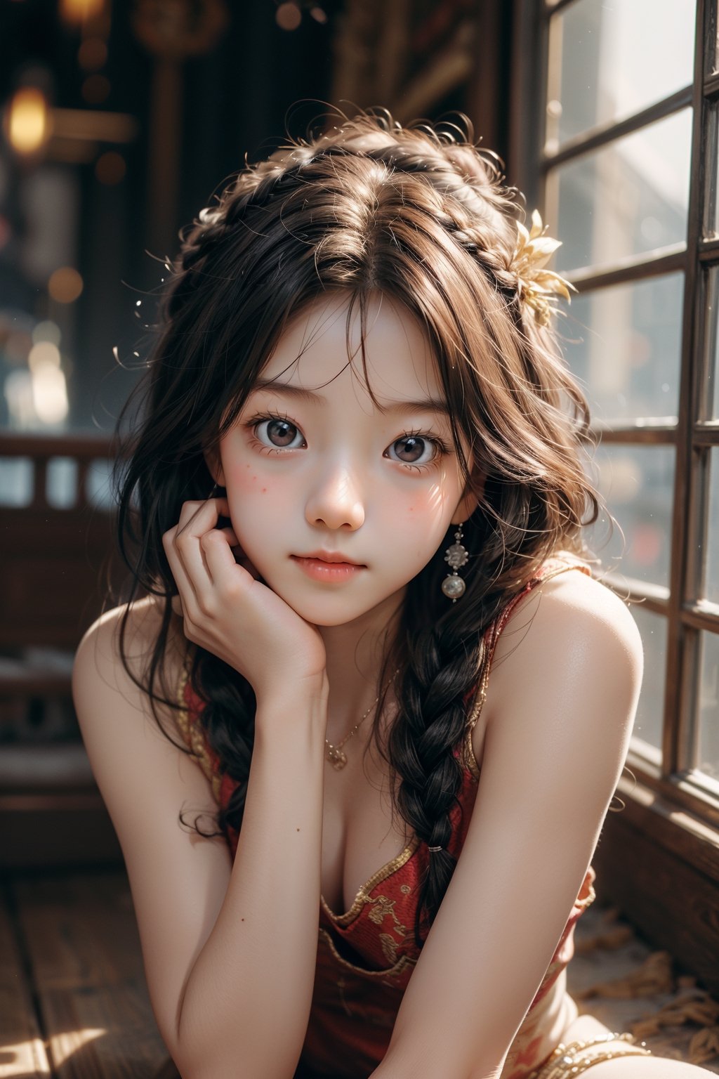 background is ancient chinese war,burning buildings, smoke,dark sky 18 yo, 1 girl, big eyes, over sized eyes, beautiful korean girl, sitting on floor,wearing beautiful hafu, solo, {beautiful and detailed eyes}, dark eyes, calm expression, delicate facial features, ((model pose)), Glamor body type, (dark hair:1.2),braided hair, simple tiny necklace,simple tiny earrings, flim grain, realhands, masterpiece, Best Quality, 16k, photorealistic, ultra-detailed, finely detailed, high resolution, perfect dynamic composition, beautiful detailed eyes, eye smile, ((nervous and embarrassed)), sharp-focus, full_body, cowboy_shot