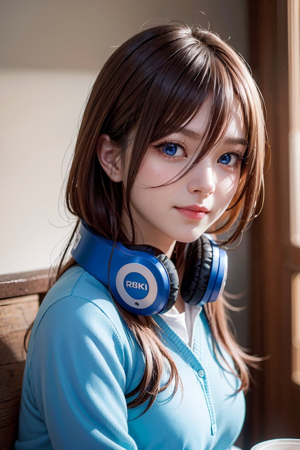 ((masterpiece, 8k, RAW, ultra realistic)), miku nakano, enjoying breakfast before school, long hair, bangs, blue eyes, brown hair, shirt, hair between eyes, shy smile, headphones, blue cardigan, white shirt, GREEN SKIRT, headphones around neck,
,MIKU NAKANO,Realism,Portrait