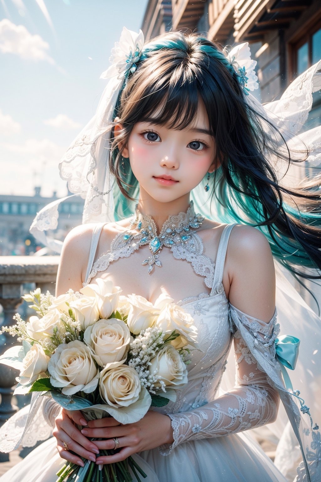 miku hatsune, long hair, white flower garden, wedding dress, holding bouquet, sliming, blue sky, no cloud, smiling, open mouth ray tracing, cinematic lighting, cuteness, freedom, hope, sharp focus, vibrant color, depth of field, cowboy shot, (intricate detail:1.2), (white theme:1.4), (blue tone:1.4), illustration, watercolor art, perfect light, 1 girl, beautiful korean girl, 18 yo, over sized eyes, big eyes, smiling, looking at viewer