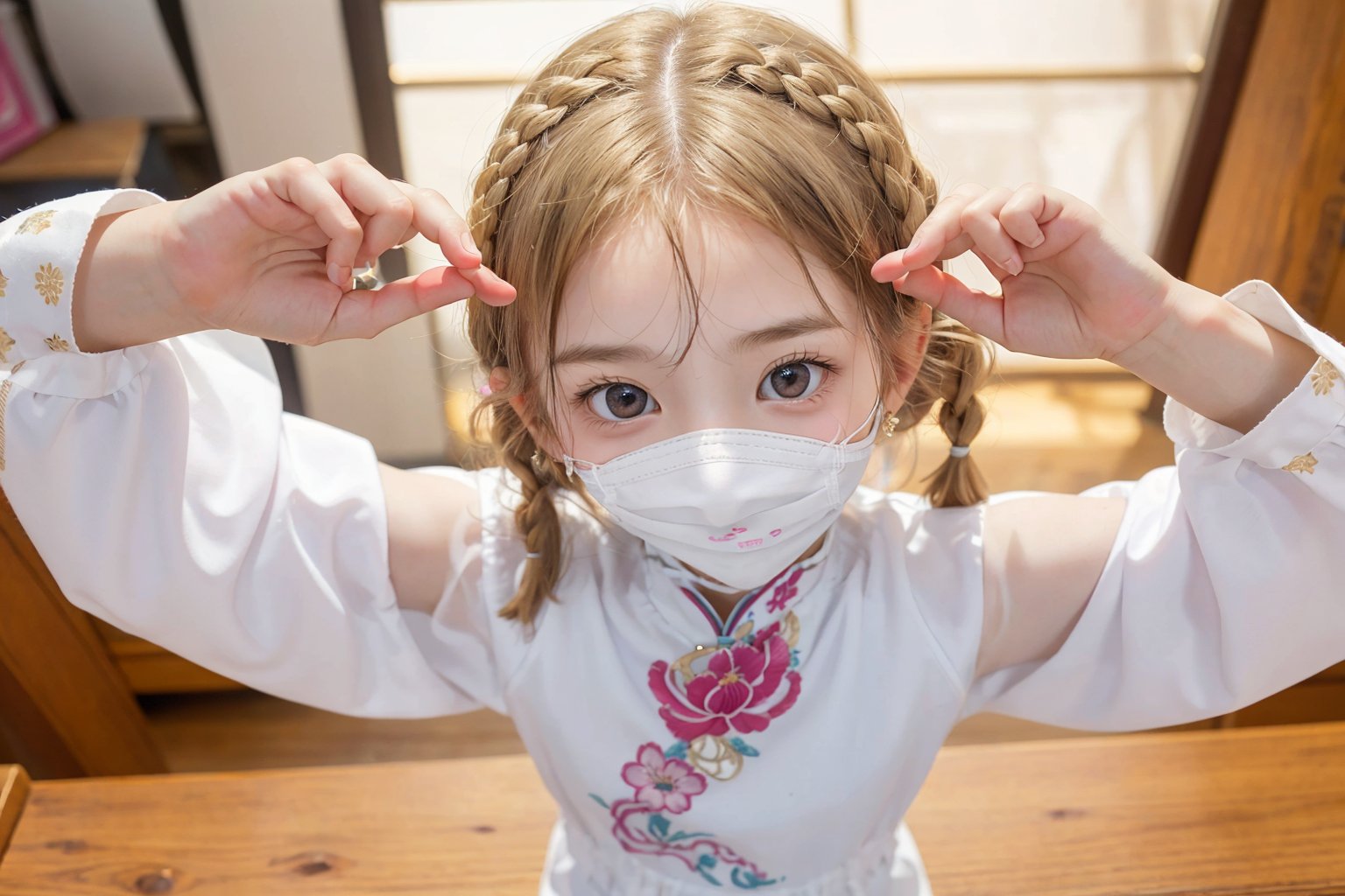 Envision a cute little girl, with blonde hair, blue eyes, ((kiss pose)), wearing 2 golden star earrings, white clothes, cheongsam with golden thread embroidery, steel chestpad, holding a face mask with the right hand, symmetrical, looking up, ((adorable expression)), full body, hair strand, Fair skin, glistening, 2 side braids, best quality, masterpiece, sharp focus, super detailed, 8k, high angle photo, close up, high contrast, (((tween, preteen, 7-year-old, 4k))), AIDA_LoRA_AnC, ((looking up her clothes)), 