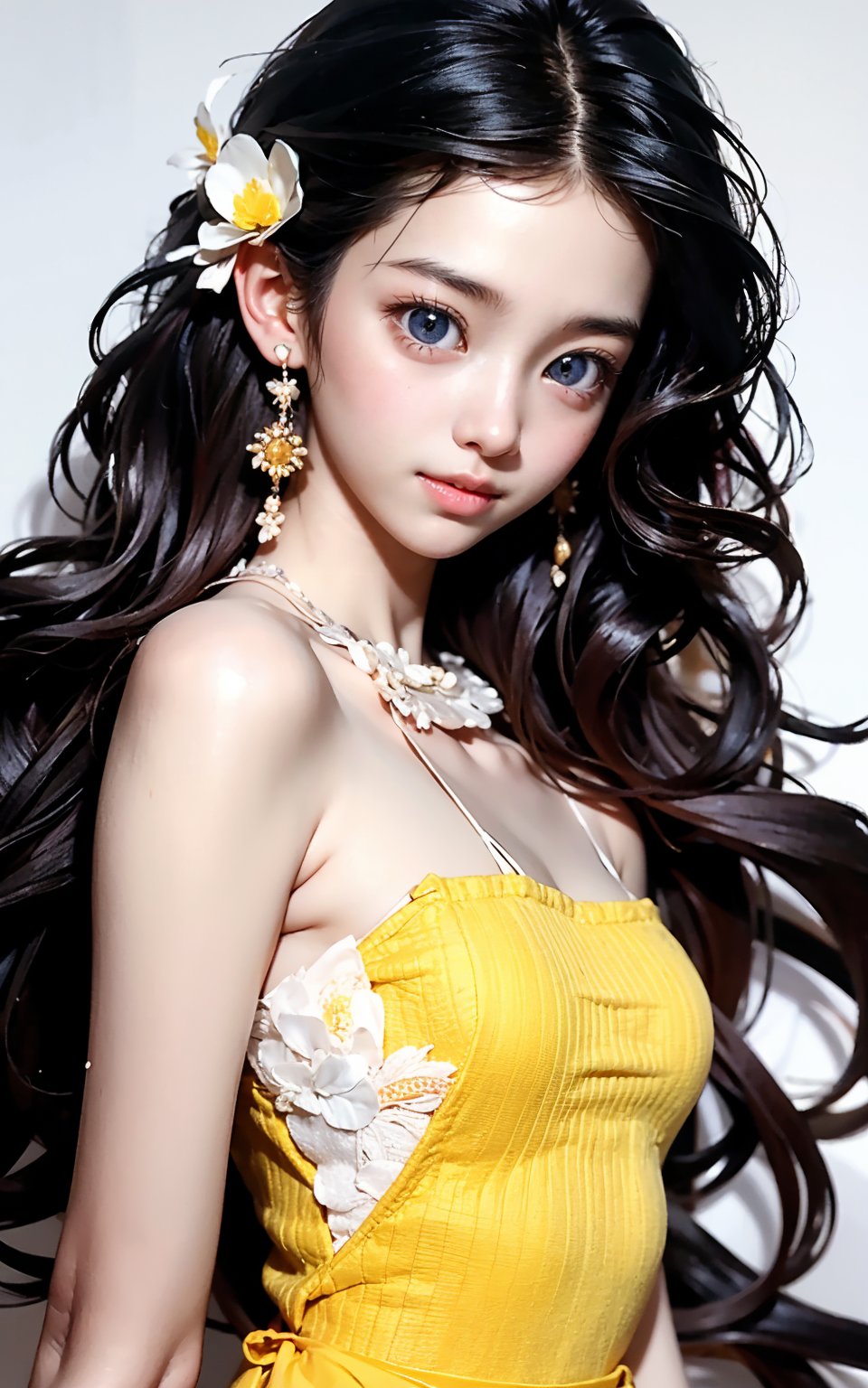 Masterpiece, best quality, official art, highly realistic, (masterpiece), (best quality), (1girl, most beautiful korean girl, Korean beauty model, stunningly beautiful girl, gorgeous girl, 20yo, over sized eyes, big eyes, smiling, looking at viewer), black big eyes, bangs, (powder blusher), shoulder length hair, yellow hair, flower hair clips, (blue sweater, shirt collar), small chest, pink shoulder bag, Upper body close-up with white background,Daofa Rune,Fashion Style, 