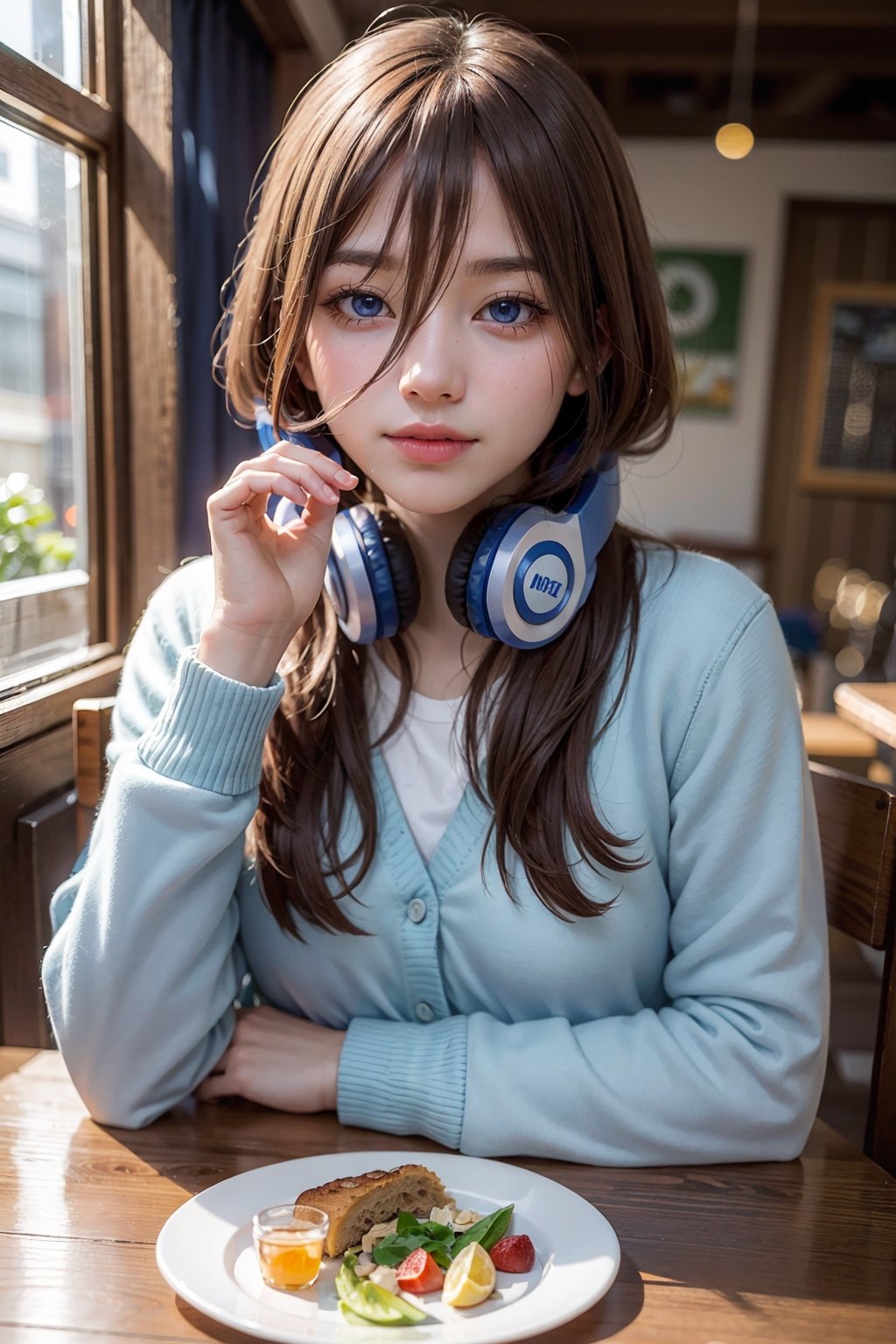 ((masterpiece, 8k, RAW, ultra realistic)), miku nakano, enjoying breakfast before school, long hair, bangs, blue eyes, brown hair, shirt, hair between eyes, shy smile, headphones, blue cardigan, white shirt, GREEN SKIRT, headphones around neck,
,MIKU NAKANO,Realism,Portrait