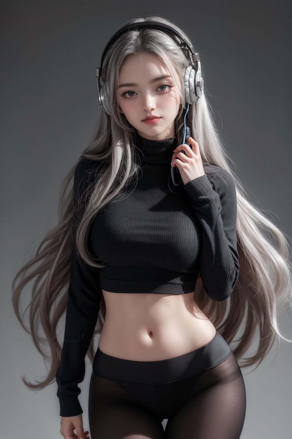warm light room Beautiful woman with silver long hair against a grey background.over-the-ear headphones Smile,black tights top,Girl