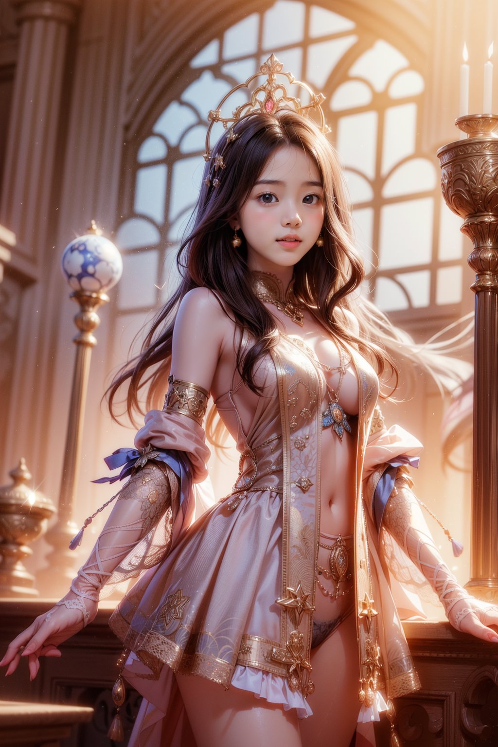 1girl, solo, (masterpiece), (absurdres:1.3), (ultra detailed), HDR, UHD, 16K, ray tracing, vibrant eyes, perfect face, award winning photo, beautiful, shiny skin, (highly detailed), clear face, teenage cute delicate girl, (shy blush:1.1), (high quality, high res, aesthetic:1.1), (dynamic action pose:1.3), ((Cowboy Shot: 1.5)), slightly smile, lens flare, photo quality, big dream eyes, ((perfect eyes, perfect fingers)), iridescent brown hair, vivid color, perfect lighting, perfect shadow, realistic, stunning light, (atmosphere :1.6), nice hands, insane details ,high details ,kawaii, (extra wide shot: 1.8), (Sharp focus realistic illustration:1.2), 1girl, most beautiful korean girl, Korean beauty model, stunningly beautiful girl, gorgeous girl, 18yo, over sized eyes, big eyes, smiling, looking at viewer, a giant glass sphere containing a small ecosystem, surrounded by measurement devices is installed in large-scale factory, a girl Priest stands next to the sphere, divine magic, sacred texts, ceremonial robes, incense, healing spells, blessing rituals, BREAK intricate illustrations, delicate linework, fine details, whimsical patterns, enchanting scenes, dreamy visuals, captivating storytelling, church and stain glass background, messy interior, book, elemental, feature,Alouette_La_Pucelle,emilia (re:zero),flower, ((pink gold style)),Add more details,masterpiece