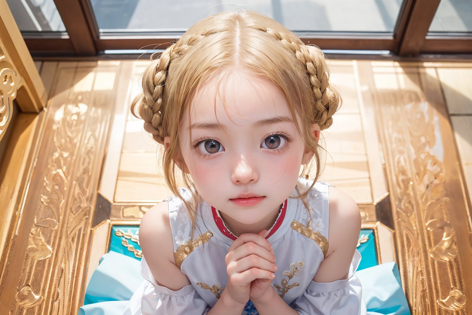 Envision a cute little girl, with blonde hair, blue eyes, ((kiss pose)), wearing 2 golden star earrings, white clothes, cheongsam with golden thread embroidery, steel chestpad, holding a face mask with the right hand, symmetrical, looking up, ((adorable expression)), full body, hair strand, Fair skin, glistening, 2 side braids, best quality, masterpiece, sharp focus, super detailed, 8k, high angle photo, close up, high contrast, (((tween, preteen, 7-year-old, 4k))), AIDA_LoRA_AnC, ((looking up her clothes)), 