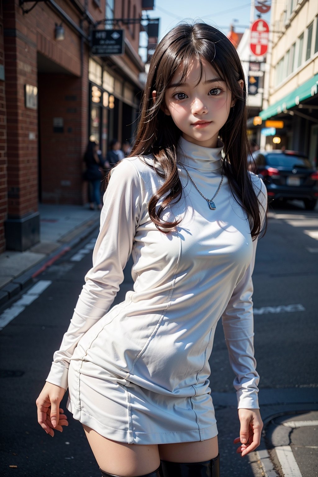 background is New York,street, 1 girl, beautiful korean girl, looking at viewer, Kyary Pamyu Pamyu perfectly morped with 18 year old angel Olsen, over sized eyes, big eyes, smiling, wearing tight black dress(turtle neck,simple,long sleeves),black long boots, smile, solo, {beautiful and detailed eyes}, dark eyes, big breasts, calm expression, delicate facial features, ((model pose)), Glamor body type, (dark hair:1.2), simple tiny earrings, simple tiny necklace,very_long_hair, hair past hip, bangs, curly hair, flim grain, realhands, masterpiece, Best Quality, 16k, photorealistic, ultra-detailed, finely detailed, high resolution, perfect dynamic composition, beautiful detailed eyes, eye smile, ((nervous and embarrassed)), sharp-focus, full_body, cowboy_shot,colorful_girl_v2