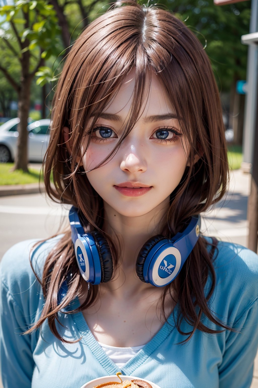 ((masterpiece, 8k, RAW, ultra realistic)), miku nakano, enjoying breakfast before school, long hair, bangs, blue eyes, brown hair, shirt, hair between eyes, shy smile, headphones, blue cardigan, white shirt, GREEN SKIRT, headphones around neck,
,MIKU NAKANO,Realism,Portrait