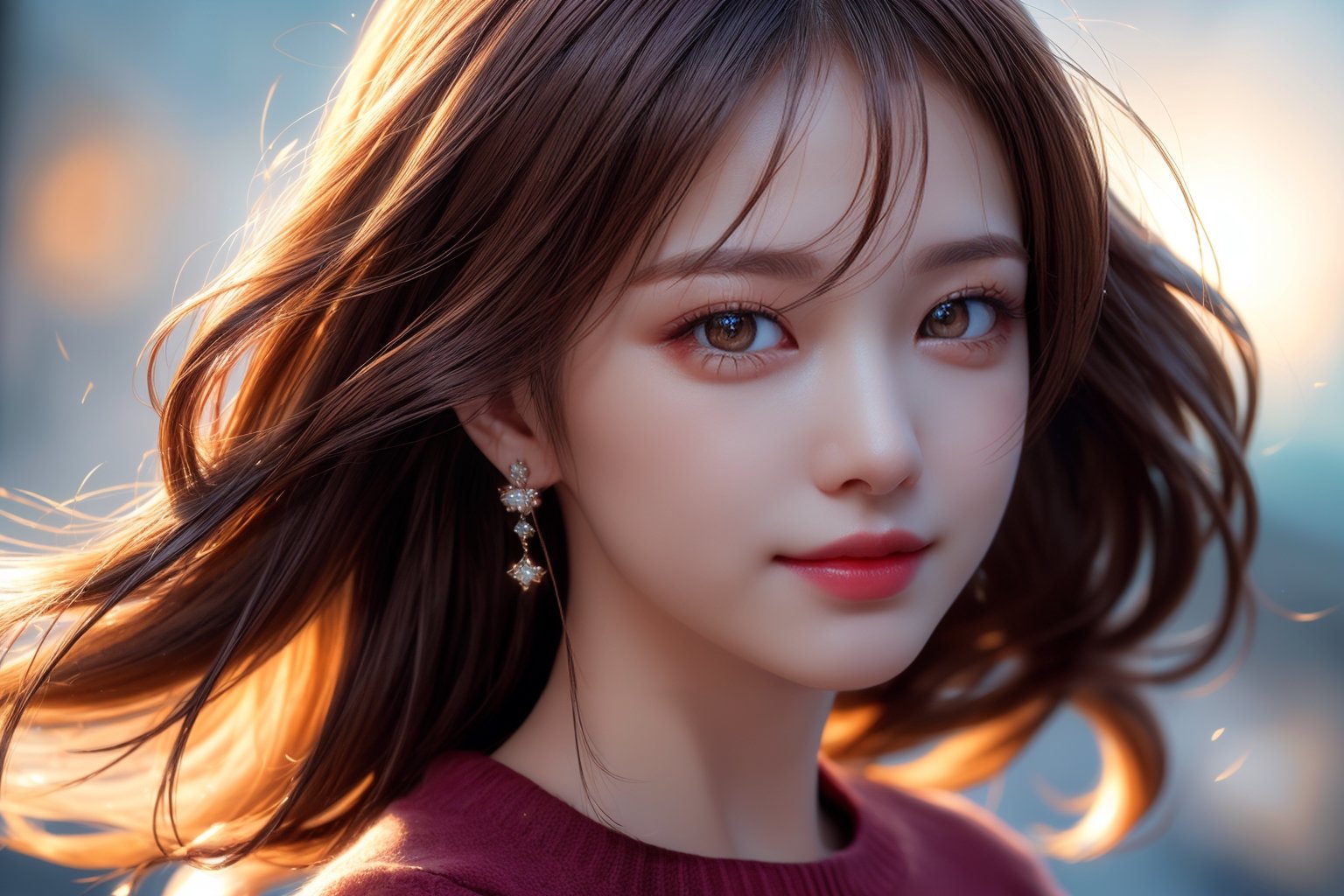 masterpiece, high quality, realistic aesthetic photo ,(HDR:1.4), pore and detailed, intricate detailed, graceful and beautiful textures, RAW photo, 16K, (bokeh:1.3), natural moon light, back lighting, Subsurface scattering, warm tone, (front from face shot),
25yo-japanese-1girl, beautiful face, (light-smile:1.1),  beautiful black straight long hair, dull bangs, (hair blowing in the wind:1.2), (detailed beautiful dark-brown eyes:1.3), smooth skin, juicy lips, eye_shadow, small earing, dark-red sweater, (glare at camera:1.2),          
high detailed, ultra detailed, 9x16 aspect ratio, 
high resolution, world-class official images, impressive visual, perfect composition,1 girl,Realism