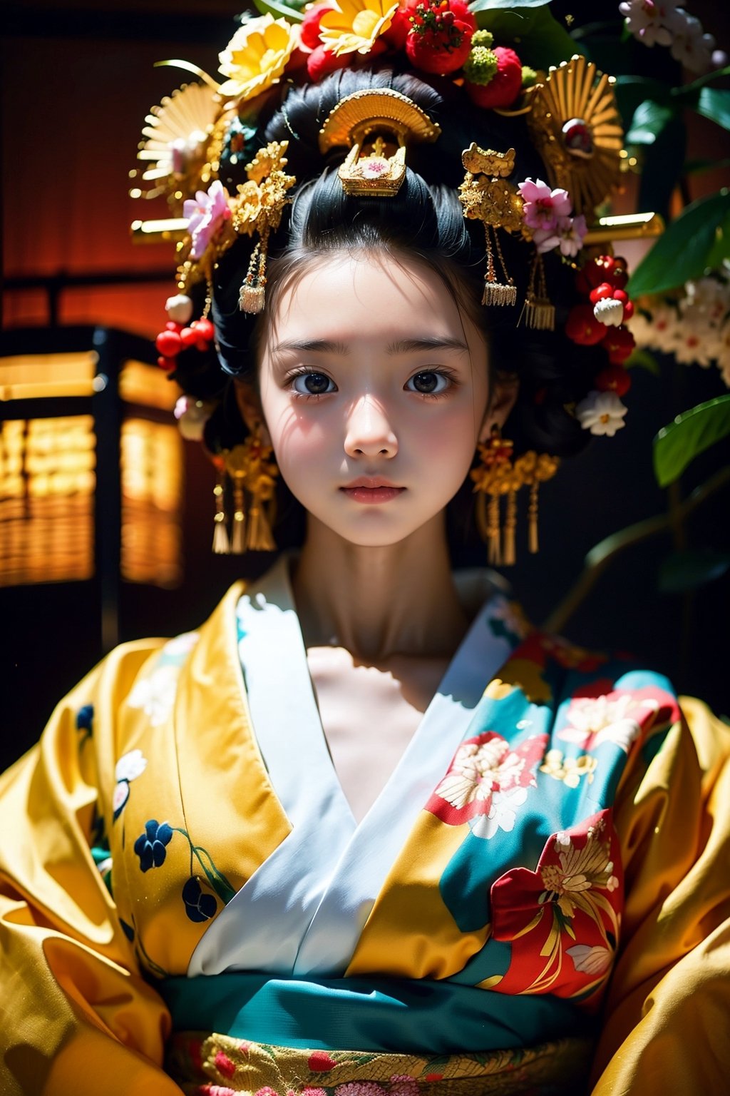 1 girl, most beautiful korean girl, Korean beauty model, idol face, gorgeous girl, 18yo, over sized eyes, big eyes, smiling, looking at viewer, (RAW photo, best quality), (real, photo real: 1.3), detailed face + eyes, casual pose, elegant, stunning Japanese traditional costume oiran, gorgeous hair accessories, phoenix eyes, cool, Disdainful look, fractal art, bright colors, beautiful Japanese supermodel wearing clogs, radiant, perfect custom gorgeous floral embroidery pattern suit, custom design, cowboy shot,  floral print,masterpiece