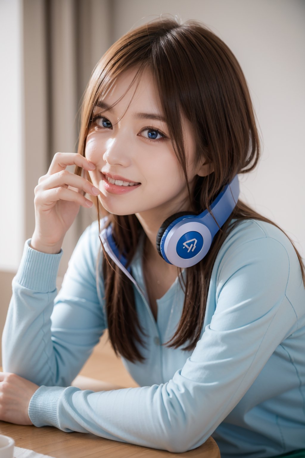 ((masterpiece, 8k, RAW, ultra realistic)), miku nakano, enjoying breakfast before school, long hair, bangs, blue eyes, brown hair, shirt, hair between eyes, shy smile, headphones, blue cardigan, white shirt, GREEN SKIRT, headphones around neck,
,MIKU NAKANO,Realism,Portrait