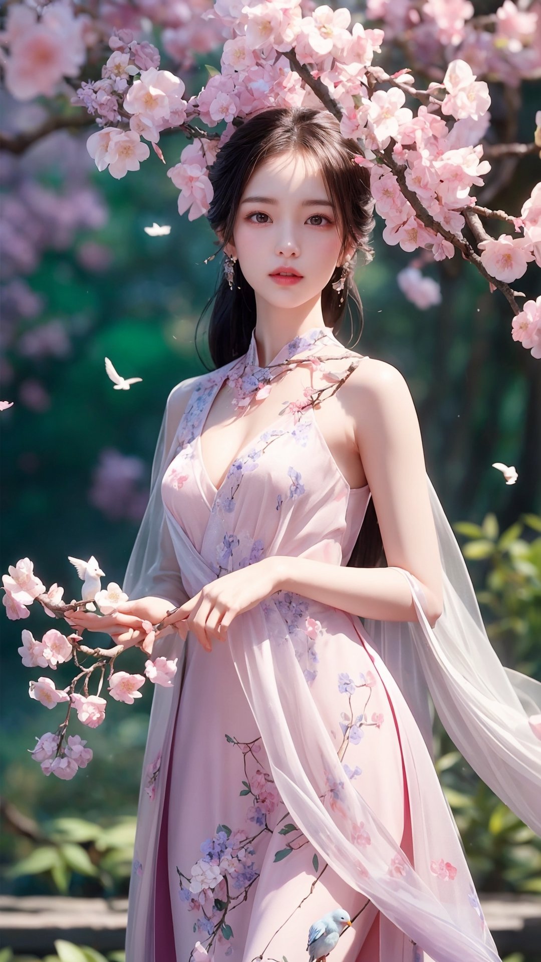 A white flowering tree with many small purple flowers hanging from its branches, and a cute and beautiful pink and white bird standing on thr flowers branch too, soft and dreamy depiction, fine brushwork, capturing the essence of the moment, Asian style pattern, colorful arrangement, naturalistic aesthetic