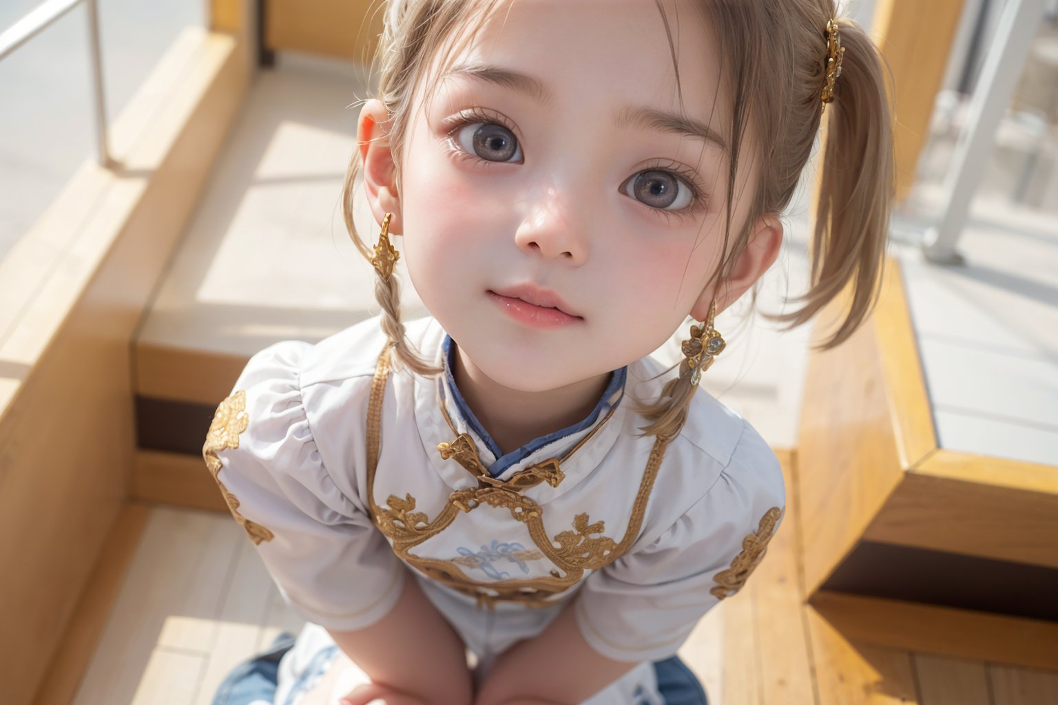 Envision a cute little girl, with blonde hair, blue eyes, ((kiss pose)), wearing 2 golden star earrings, white clothes, cheongsam with golden thread embroidery, steel chestpad, holding a face mask with the right hand, symmetrical, looking up, ((adorable expression)), full body, hair strand, Fair skin, glistening, 2 side braids, best quality, masterpiece, sharp focus, super detailed, 8k, high angle photo, close up, high contrast, (((tween, preteen, 7-year-old, 4k))), AIDA_LoRA_AnC, ((looking up her clothes)), 