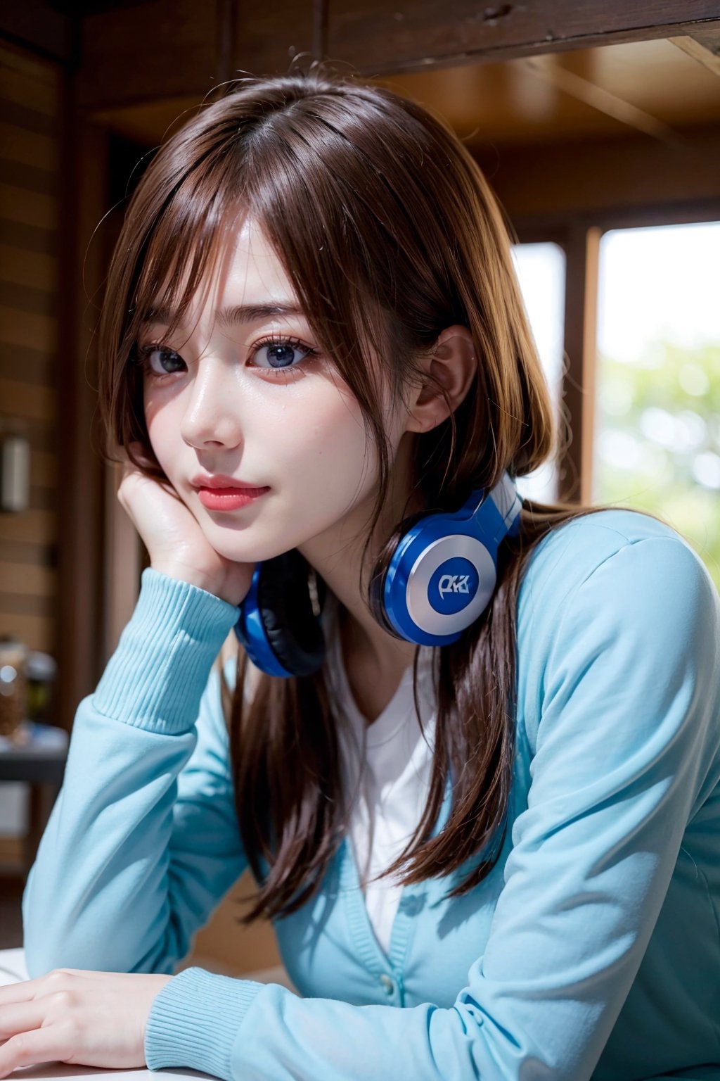 ((masterpiece, 8k, RAW, ultra realistic)), miku nakano, enjoying breakfast before school, long hair, bangs, blue eyes, brown hair, shirt, hair between eyes, shy smile, headphones, blue cardigan, white shirt, GREEN SKIRT, headphones around neck,
,MIKU NAKANO,Realism,Portrait