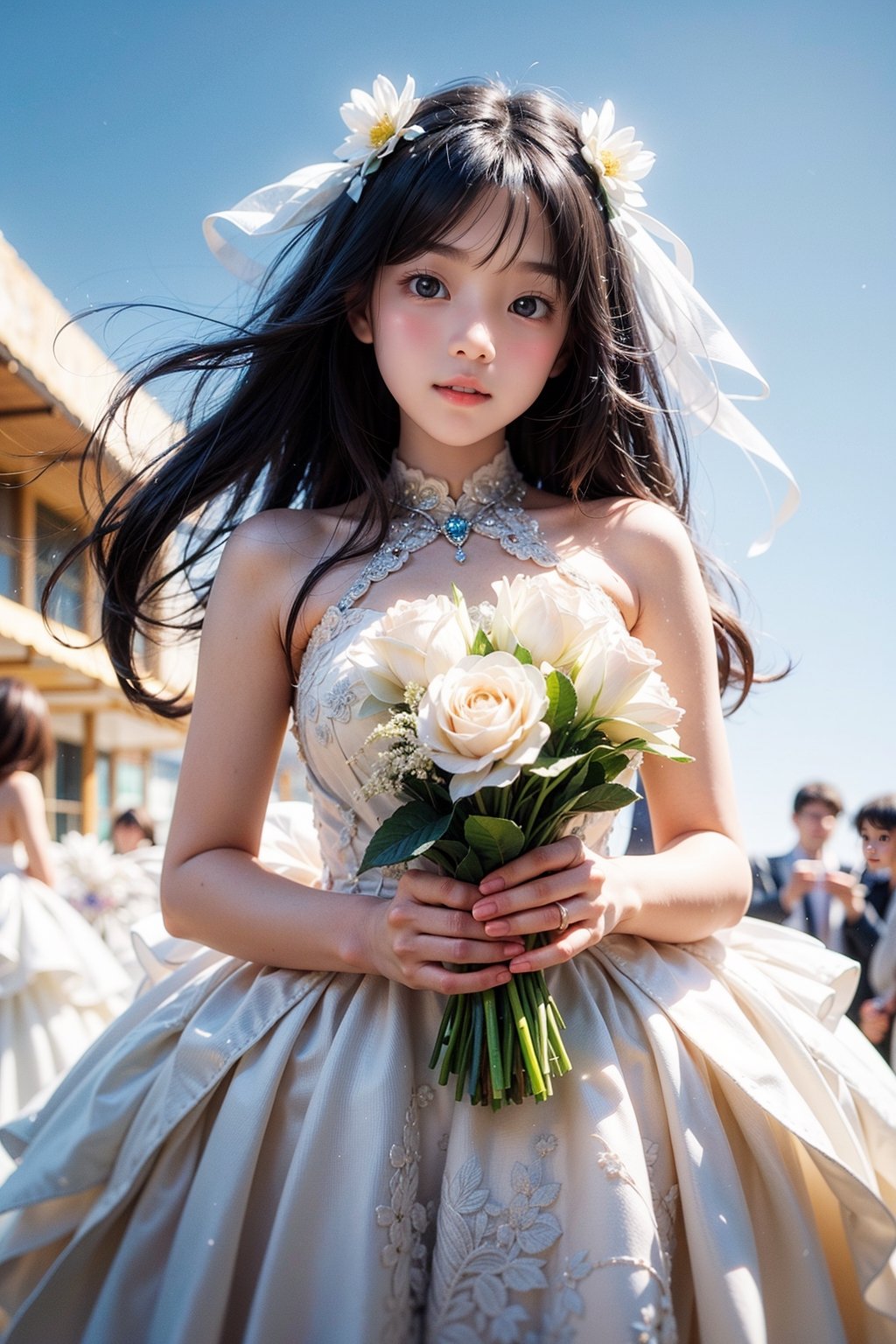 miku hatsune, long hair, white flower garden, wedding dress, holding bouquet, sliming, blue sky, no cloud, smiling, open mouth ray tracing, cinematic lighting, cuteness, freedom, hope, sharp focus, vibrant color, depth of field, cowboy shot, (intricate detail:1.2), (white theme:1.4), (blue tone:1.4), illustration, watercolor art, perfect light, 1 girl, beautiful korean girl, 18 yo, over sized eyes, big eyes, smiling, looking at viewer