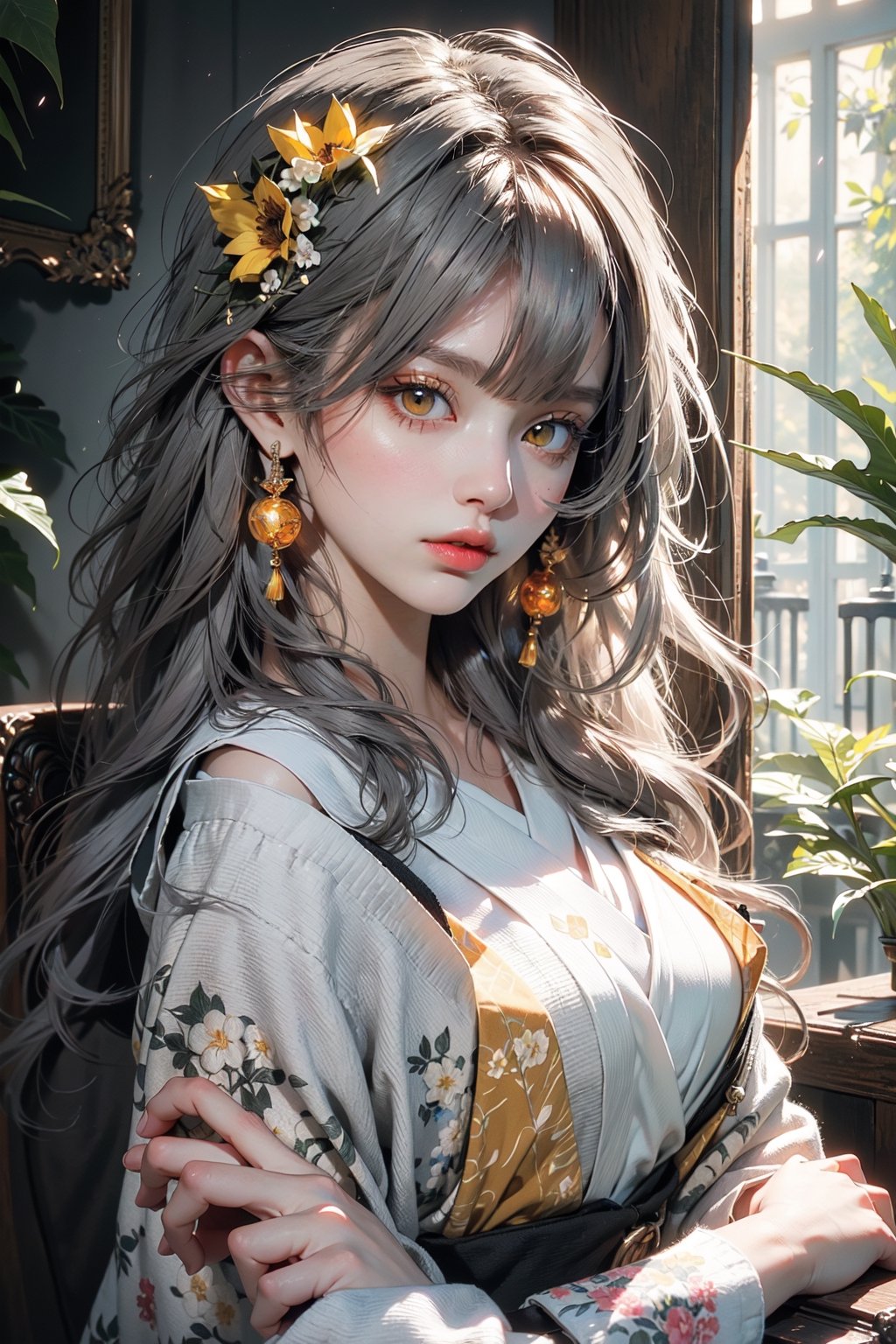 (((masterpiece))), (((best quality))), ((ultra-detailed)), (illustration), ((an extremely delicate and beautiful)), (detailed light), (bloom), looking at viewer,kimono,niji,yellow eyes,grey hair,steldef,
,Realism