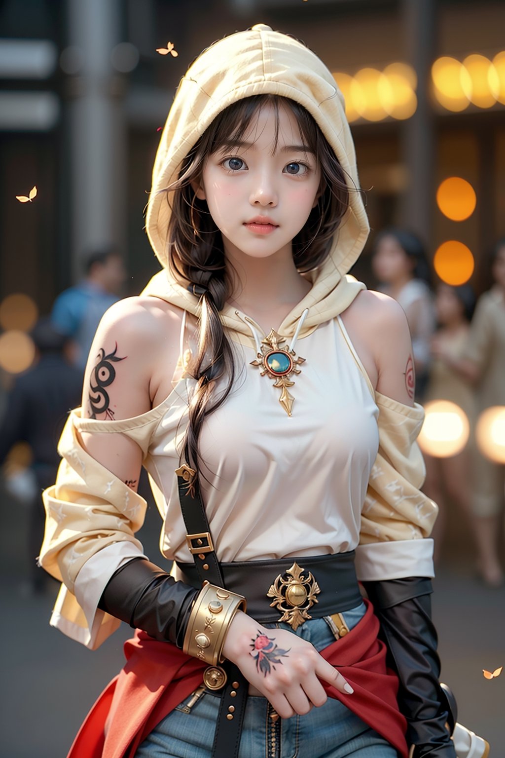 (1girl:1.3),formal dress,Oriwarrior,CUTE,streamlined mecha,sword,holding,holding a knife,realistic,solo,polearm,male focus,hood,holding weapon,dancing with a knife and a gun,kung fu,weapon,sword,(((tattoo))),smoke,looking at viewer,sheath,sleeve sword,holding weapon,cigarette,pants,scar,simple background,(single mechanical arm:1.6),(movement posture,combat posture:1.2),wind,(flying clothes:1.4),assassin's creed \(series\),((assassin hood)),(fluttering scarf),masterpiece,best quality,unreal engine 5 rendering,movie light,movie lens,movie special effects,detailed details,HDR,UHD,8K,CG wallpaper,l4tex4rmor,EDGADEPTA
,Realism,leonardo