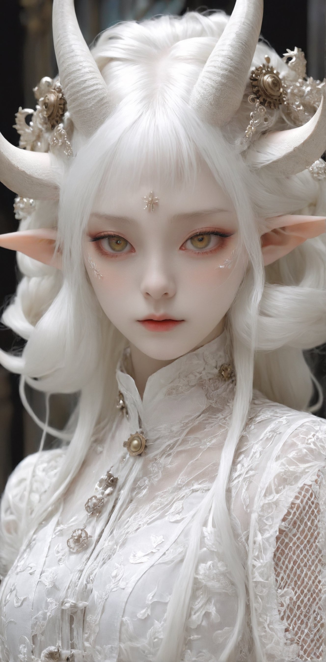 1 girl, Whole_body, (masterful), albino demon girl ,(white dreadlocks,mesh fishnet blouse, (long intricate horns:1.2),best quality, highest quality, extremely detailed CG unity 8k wallpaper, detailed and intricate, 
,steampunk style,Glass Elements, looking_at_viewer,chinese girls,goth person