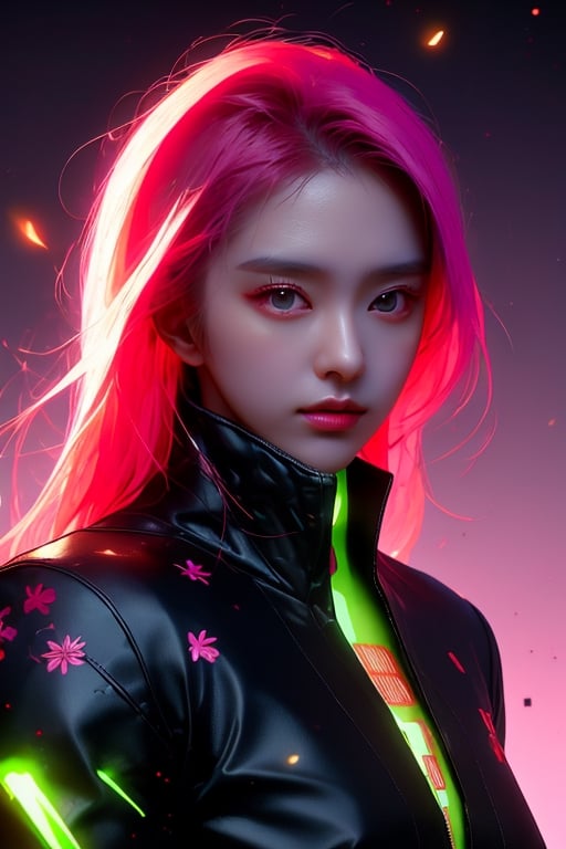 portrait of a beautiful japanese-german girl, bizarre, floral, cyberpunk, Luminous, determined, heroic, fearless, ethereal background, f/1.4, ISO1600, front light, r1ge,Realism,Detailedface