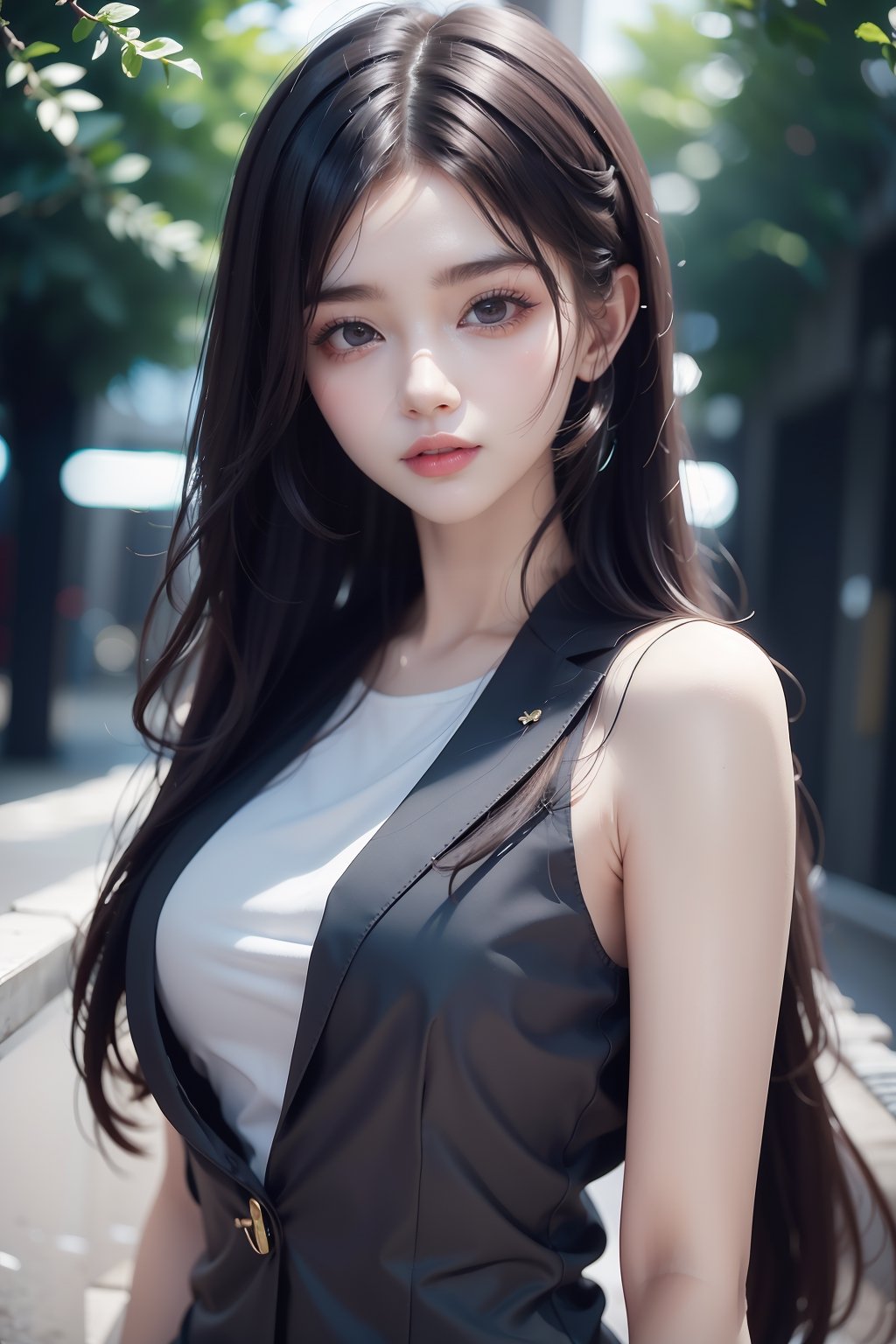 Girl (long hair, brown hair with purple ends), wearing black office suit, roses, dahl background, exposure mix, medium shot, bokeh, (hdr: 1.4), high contrast, (film, gray and black: 0.35), ( Gray tones, dark colors, soothing tones: 1.3), low saturation
,Realism,Portrait