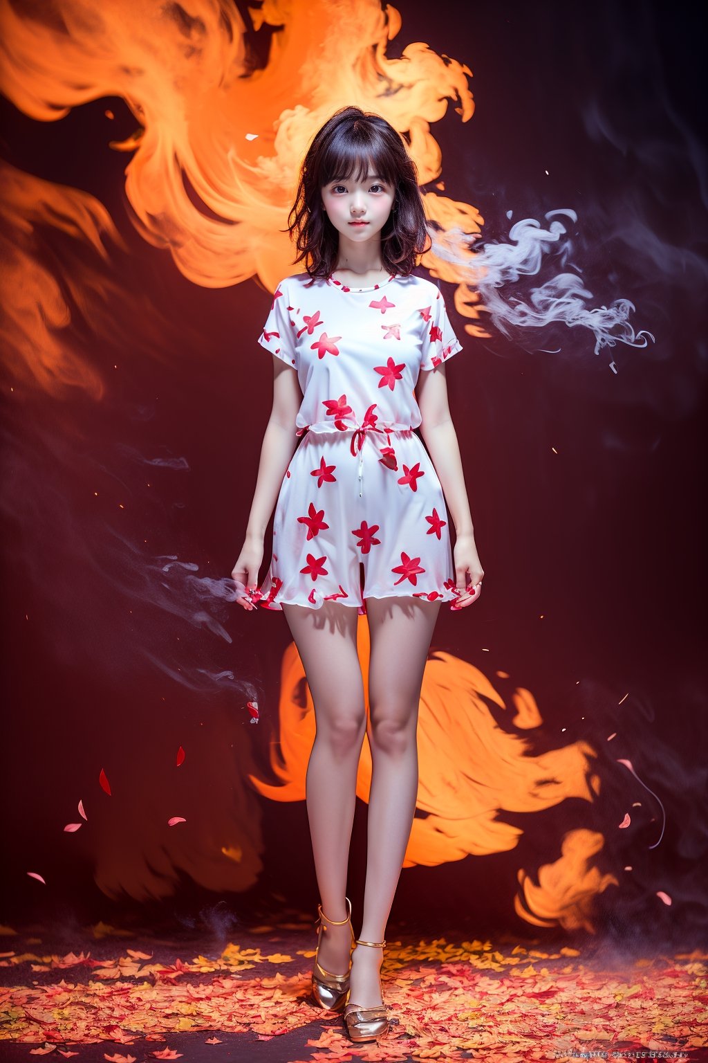 1girl:1.1), stars in the eyes, (pure girl:1.1), ((full body:1.2)), There are many scattered luminous petals, red and yellow tones, contour deepening, white_background, cinematic angle, smoke, blue_IDphoto, Urbantee,blue_IDphoto, 