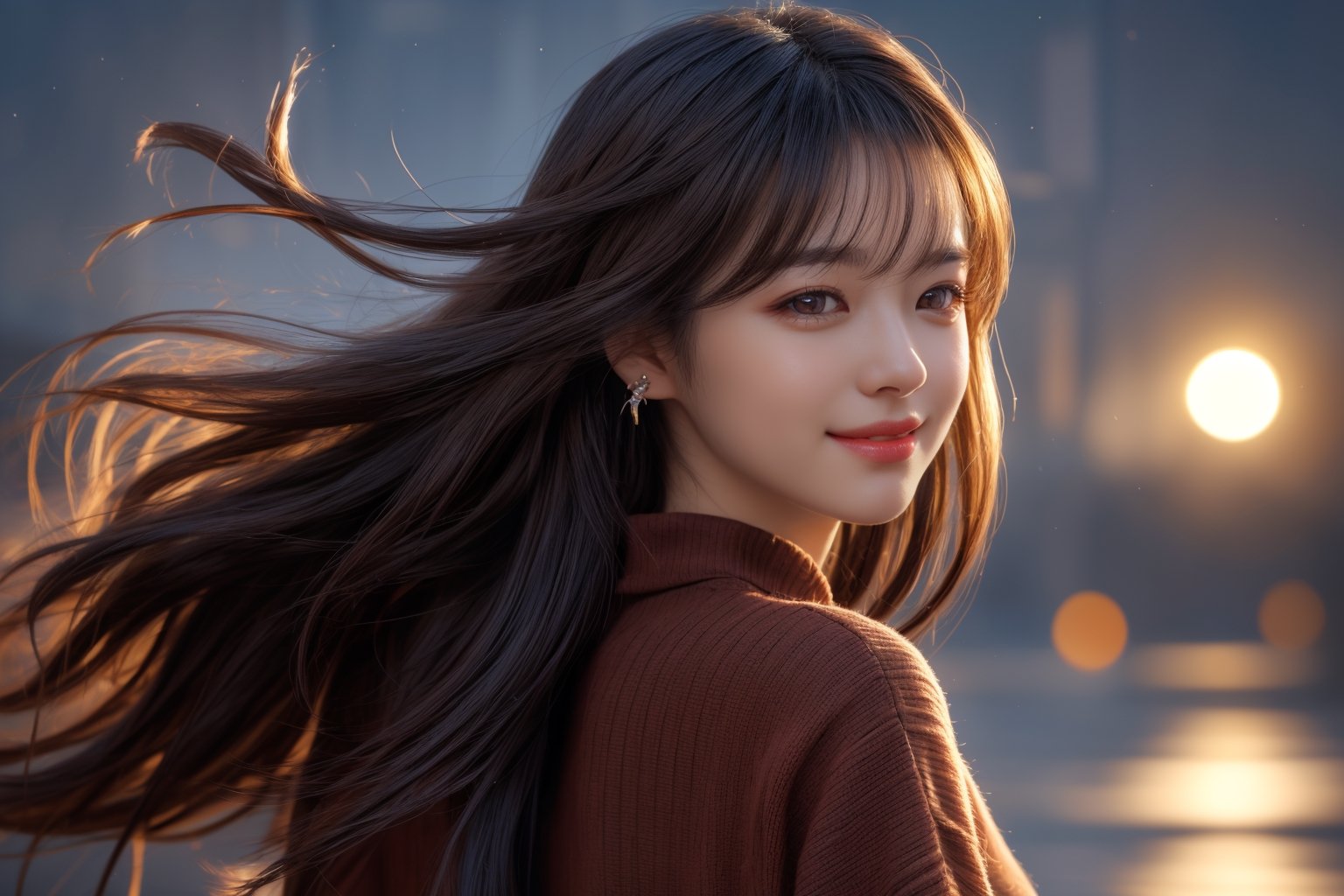 masterpiece, high quality, realistic aesthetic photo ,(HDR:1.4), pore and detailed, intricate detailed, graceful and beautiful textures, RAW photo, 16K, (bokeh:1.3), natural moon light, back lighting, Subsurface scattering, warm tone, (front from face shot),
25yo-japanese-1girl, beautiful face, (light-smile:1.1),  beautiful black straight long hair, dull bangs, (hair blowing in the wind:1.2), (detailed beautiful dark-brown eyes:1.3), smooth skin, juicy lips, eye_shadow, small earing, dark-red sweater, (glare at camera:1.2),          
high detailed, ultra detailed, 9x16 aspect ratio, 
high resolution, world-class official images, impressive visual, perfect composition,1 girl,looking at viewer,Realism,chinatsumura