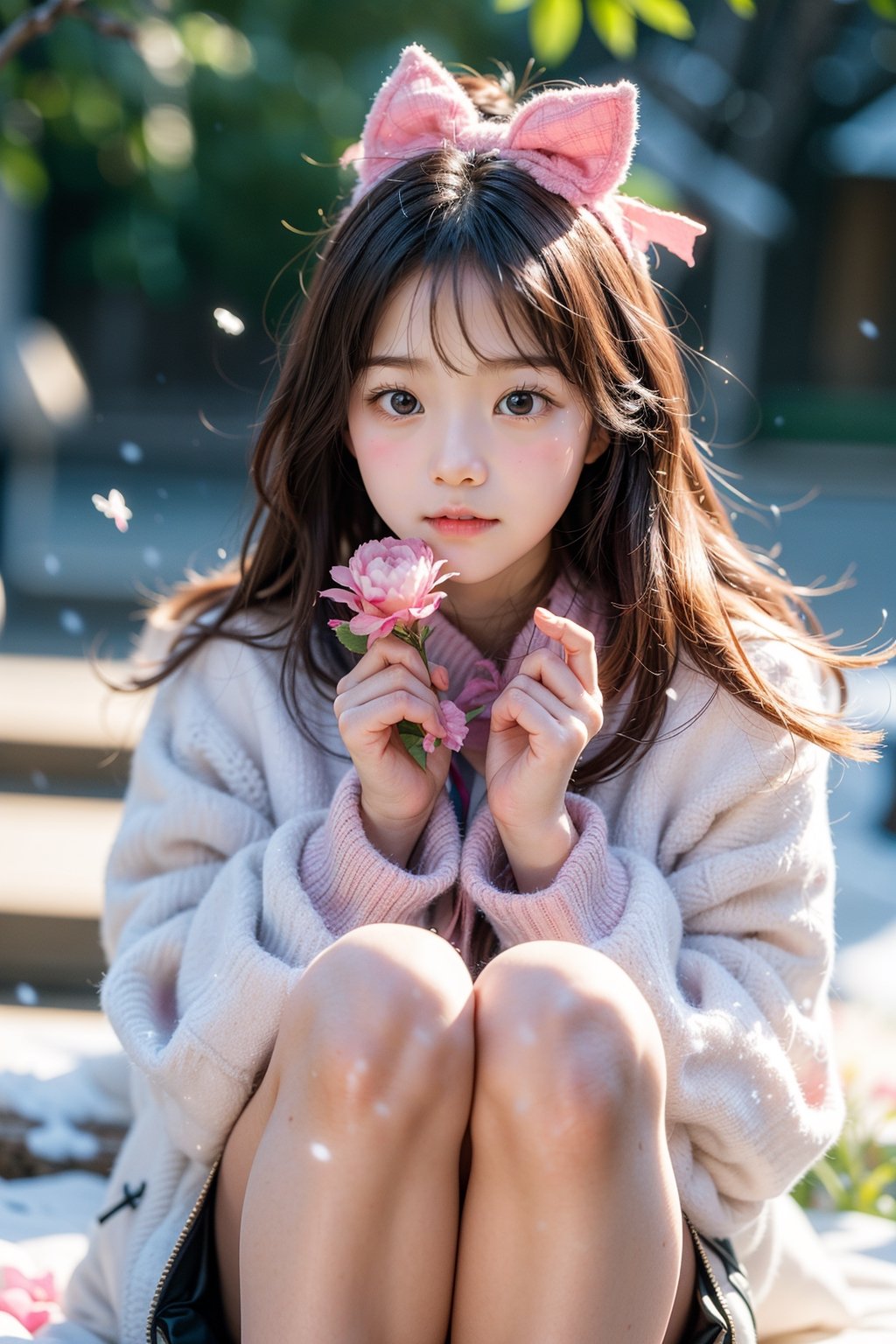 Winter style, snow falling, plum flowers blooming, big eyes, beautiful korean girl, A cute little girl wears pink and white fluffy coat and scarf, with a pink bow tied on her head. She smiled brightly and her eyes twinkled with kindness. She held a pink rose in her hand and smelled the fragrance. Under her feet is a lush green flower and grass, as if she is a part of nature. Her laughter in the breeze adds a touch of childlike innocence to this beautiful scene. Please give her some more background or context so we can add more details ,perfect split lighting,ZGirl,Nature, flowers blooming fantastic and dreamy light romantic lighting bokeh background ,snow_scene_background,1 girl