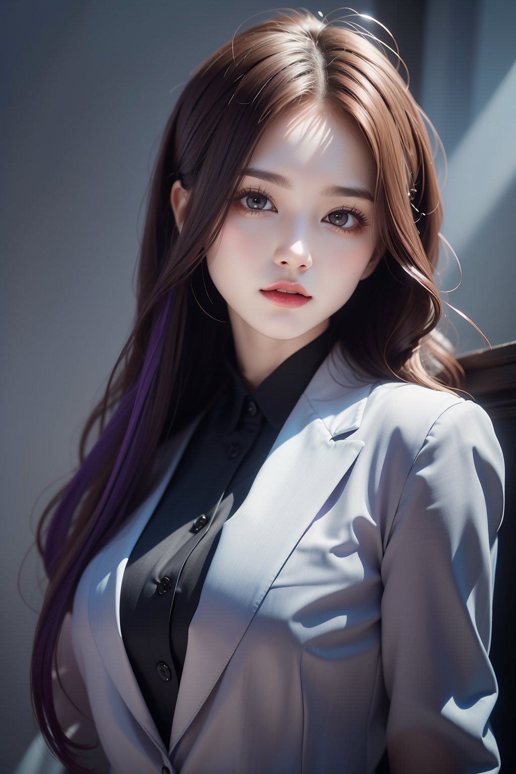 Girl (long hair, brown hair with purple ends), wearing black office suit, roses, dahl background, exposure mix, medium shot, bokeh, (hdr: 1.4), high contrast, (film, gray and black: 0.35), ( Gray tones, dark colors, soothing tones: 1.3), low saturation
,Realism,Portrait