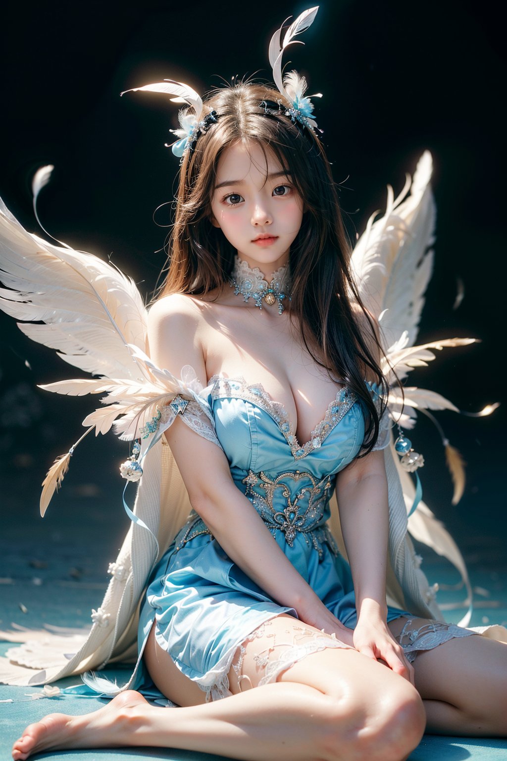 masterpiece, top quality, (arafed woman in a blue dress sitting on the floor that full of white feathers, ethereal beauty, wearing a feather dress, ethereal fantasy, xianxia fantasy, ethereal fairytale, dress made of feathers, blue feathers, incredibly ethereal, soft feather, fantasy beautiful, full body made of white feathers, jingna zhang, white feathers, chinese fantasy, a stunning young ethereal figure), extreme detailed, (abstract, fractal art:1.3), isometric, highest detailed, (feather), ghost.,1girl, most beautiful korean girl, Korean beauty model, stunningly beautiful girl, gorgeous girl, 18yo, over sized eyes, big eyes, smiling, looking at viewer,realhands,best quality