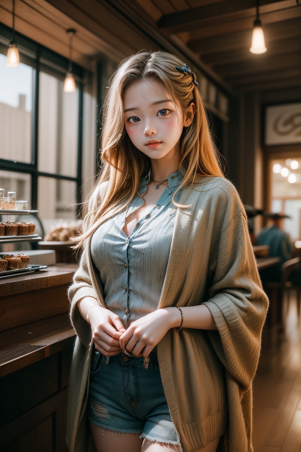 vibrant colors, female, masterpiece, sharp focus, best quality, depth of field, cinematic lighting, ((solo, one woman )), (illustration, 8k CG, extremely detailed), masterpiece, ultra-detailed, solo, ((Cowboy Shot: 1.5)), 1 girl, beautiful korean girl, looking at viewer, 18 yo, over sized eyes, big eyes, smiling, photo of a woman taken by i phone, soft smile, long straight blonde hair, thin nose, high cheek bones, depth of field, coffee shop background, highly detailed, detailed blue eyes,Detailedface