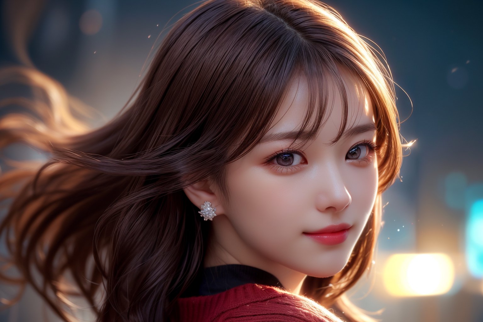 masterpiece, high quality, realistic aesthetic photo ,(HDR:1.4), pore and detailed, intricate detailed, graceful and beautiful textures, RAW photo, 16K, (bokeh:1.3), natural moon light, back lighting, Subsurface scattering, warm tone, (front from face shot),
25yo-japanese-1girl, beautiful face, (light-smile:1.1),  beautiful black straight long hair, dull bangs, (hair blowing in the wind:1.2), (detailed beautiful dark-brown eyes:1.3), smooth skin, juicy lips, eye_shadow, small earing, dark-red sweater, (glare at camera:1.2),          
high detailed, ultra detailed, 9x16 aspect ratio, 
high resolution, world-class official images, impressive visual, perfect composition,1 girl,Realism