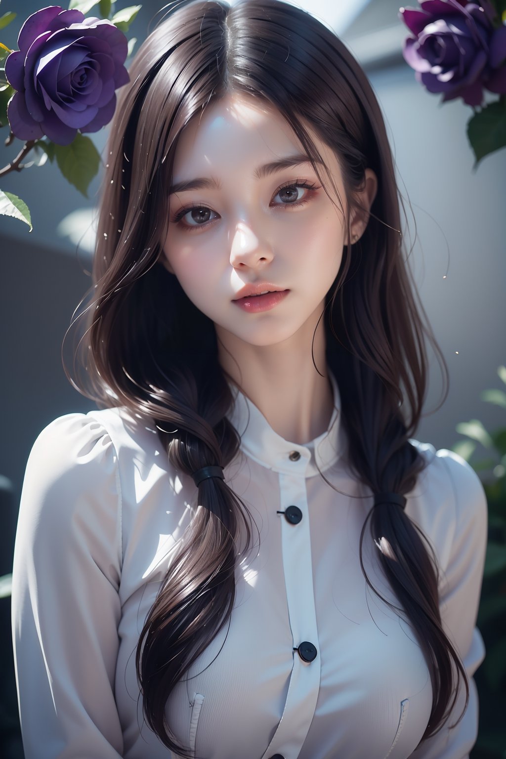 Girl (long hair, brown hair with purple ends), wearing black office suit, roses, dahl background, exposure mix, medium shot, bokeh, (hdr: 1.4), high contrast, (film, gray and black: 0.35), ( Gray tones, dark colors, soothing tones: 1.3), low saturation
,Realism,Portrait