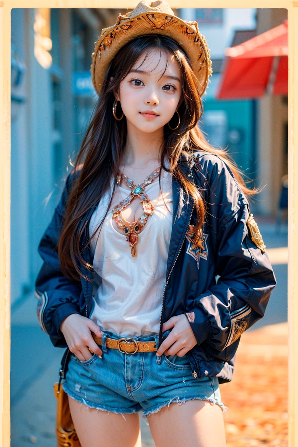 high quality, cute stickers, style cartoon, white border, cute Super Deformed Character, colorful, Detailed illustration of a woman with her hands in her pockets in a bohemian style outfit, by yukisakura, awesome full color, Realism, 1girl, most beautiful korean girl, Korean beauty model, extremely detailed beautiful girl, stunningly beautiful girl, gorgeous girl, 18yo, over sized eyes, big eyes, smiling, looking at viewer, ((Cowboy Shot: 1.5)), more detail, nail polish, white bodystocking